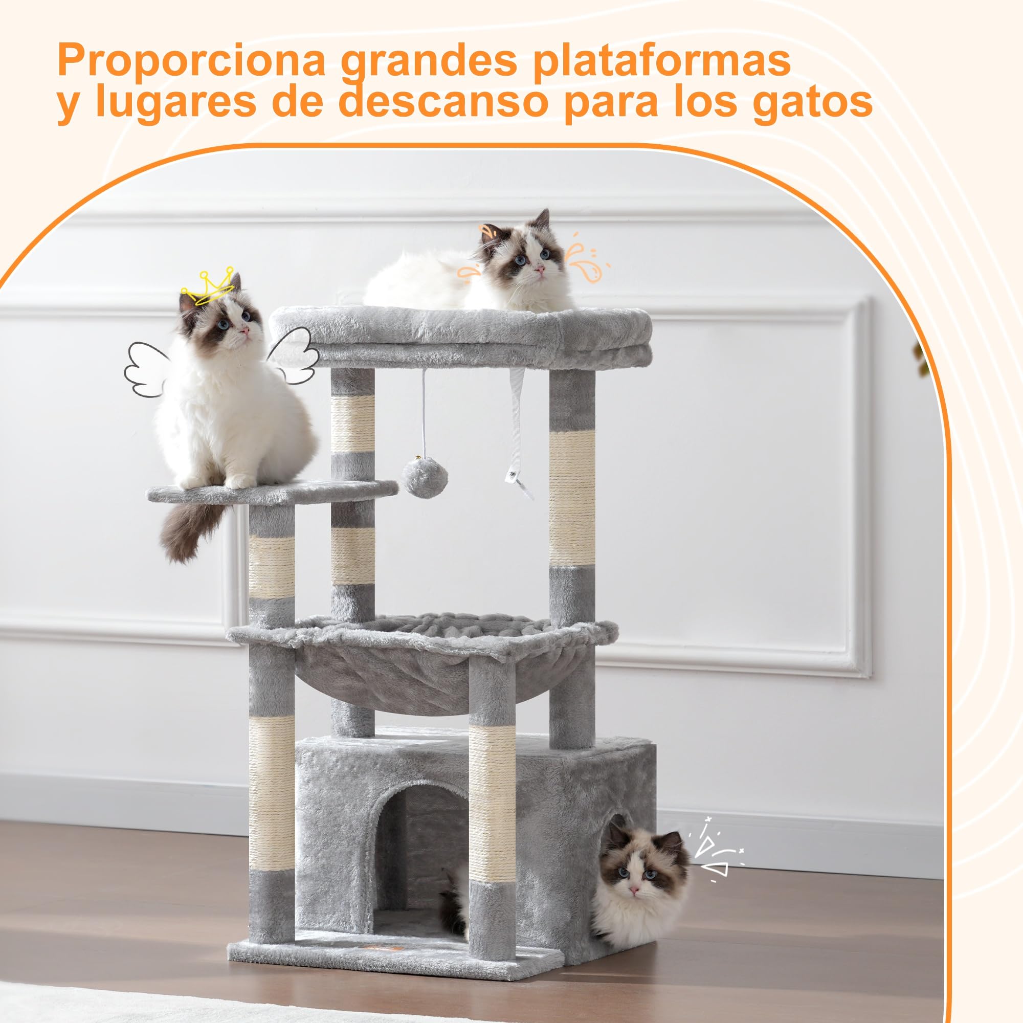 Heybly Árbol para Rascarse de Gatos, Árbol con Cesto Extra Grande y Suave, Cama Espaciosa y Lugar de Dormir Escondido, Gris Claro HCT008SW