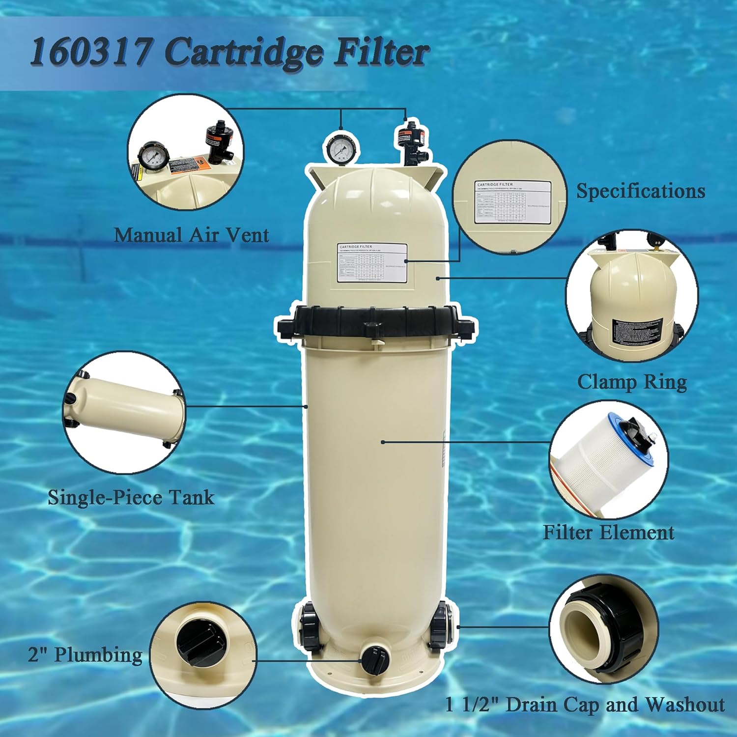 EC-160317 Cartridge Pool Filter,150 Square Feet 150 GPM,Fit for Pentair Clean & Clear CC150 Pool Spa,Almond