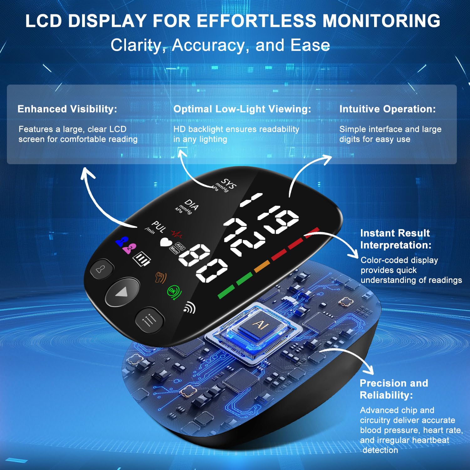 Automatic Arm Blood Pressure Monitor for Home Use - with Adjustable Large Cuff (8.7"-17.3"), Bluetooth App Tracking, LED Display 2 Users 240 Sets Memory, Hypertension Detector
