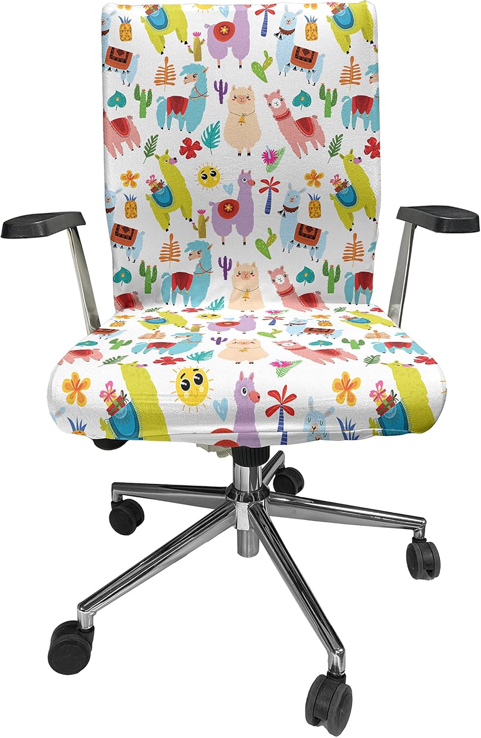 Ambesonne Animal Office Chair Cover, Playroom Pattern with Llama Alpaca Cactus and Leaves Design, Stretchable Decorative Universal Size High Back Printed Slipcover, Peach Patel Pink Turquoise