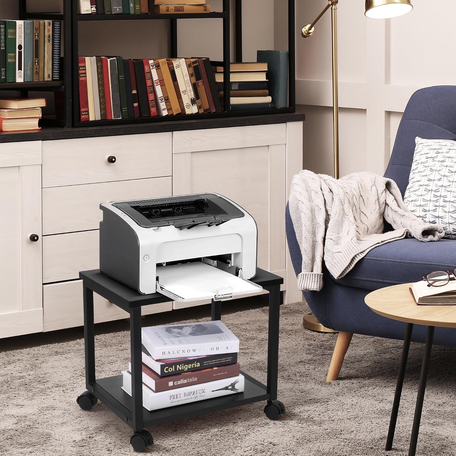Under Desk Printer Stand - 2-Tier Industrial Mobile Printer Table with Storage Shelf, Heavy Duty Wood Rolling Printer Cart with Wheels for Home and Office,Classic Black image 5