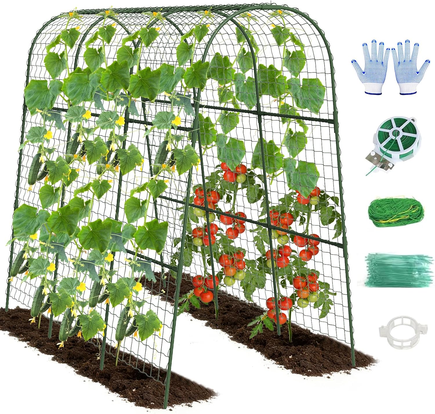 Cucumber Trellis, Metal Garden Arch Trellis for Raised Bed, 48 x 48inch U-Shape Garden Trellis for Climbing Plants Outdoor, Vegetables Fruit Plant Support with Netting, Gardening Supplies (Green)
