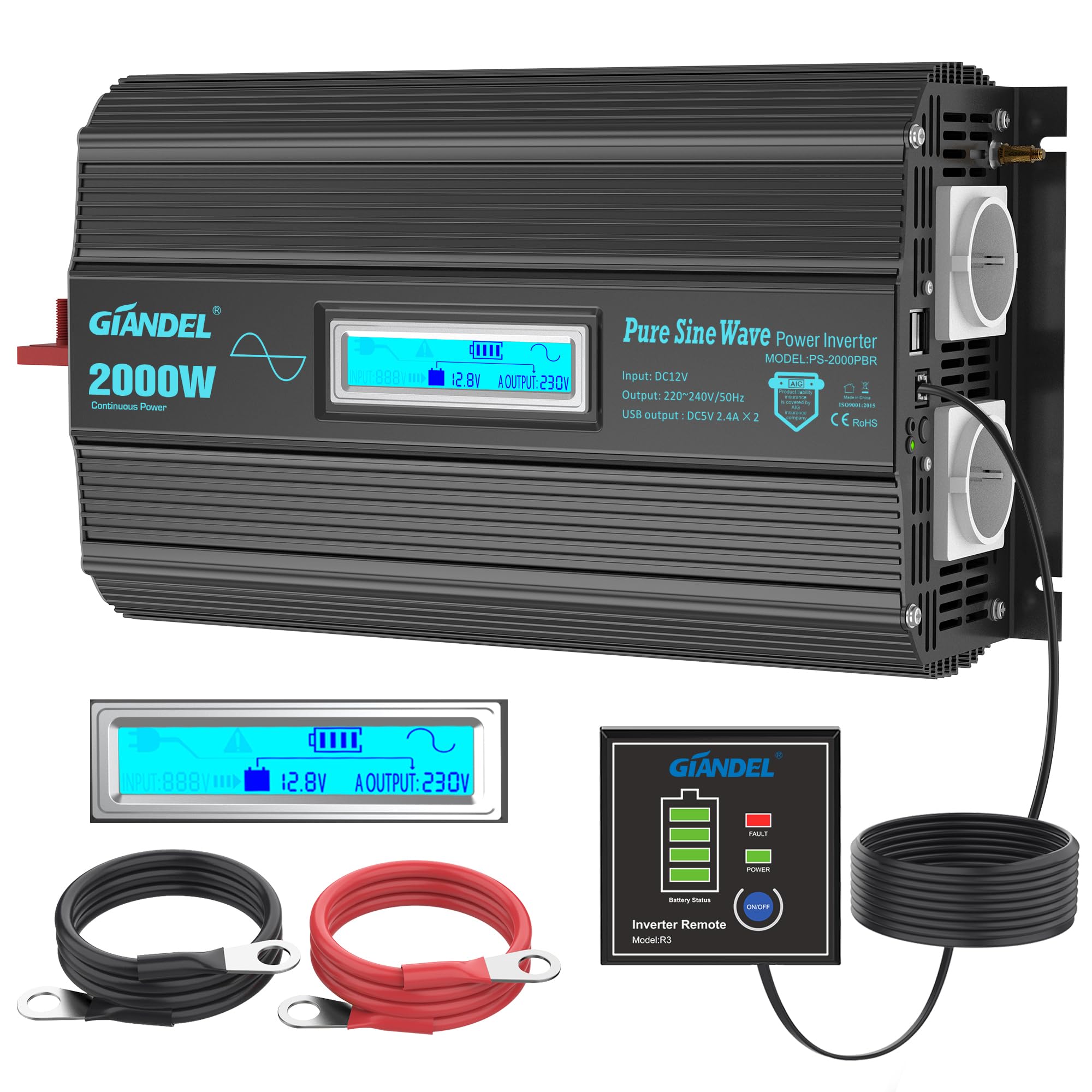 GIANDEL 2000W Inverter Onda Sinusoidale Pura 12V a 230V Anello Magnetico | Convertitore con schermo LCD e compatibilità LiFePO4 per elettrodomestici, casa, camper, camion e solare off-grid