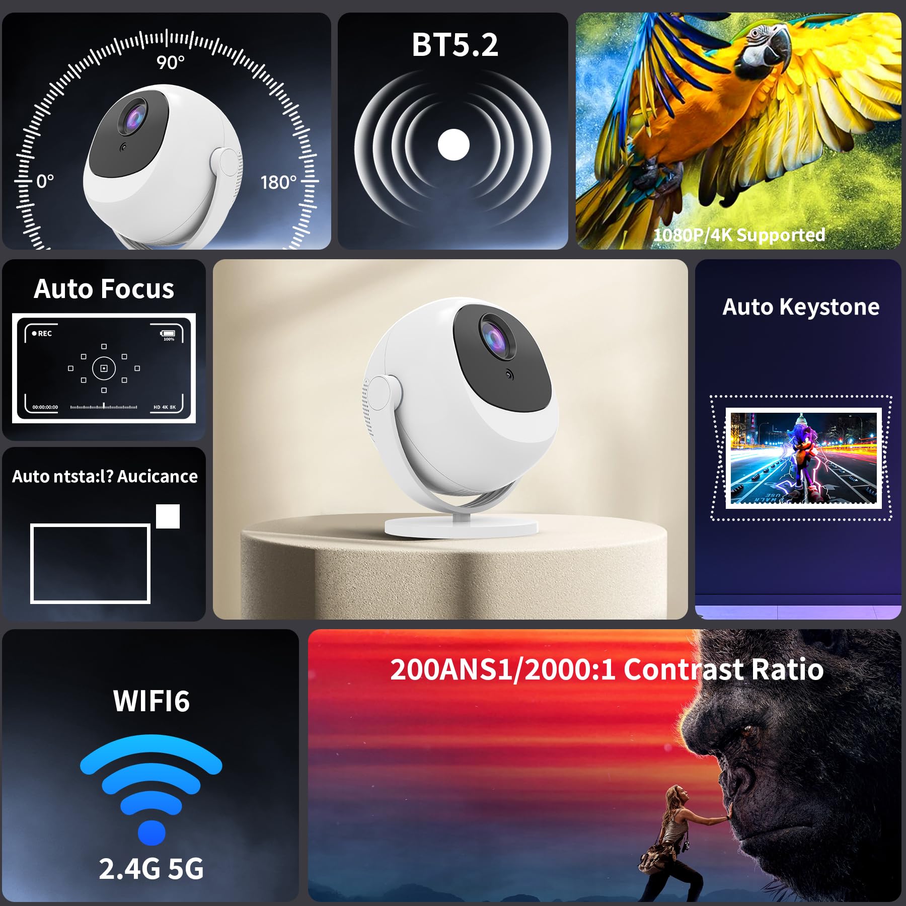 [App integrata e messa a fuoco automatica] Proiettore intelligente, mini proiettore portatile con supporto 4K con rotazione a 360°, 12000 lumen, WiFi e Bluetooth, display LCD, proiettore a soffitto