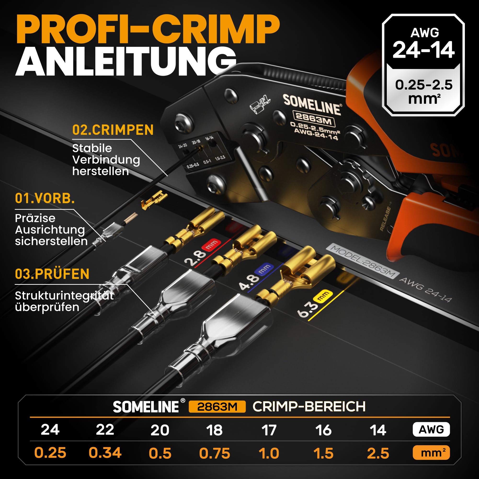 SOMELINE Crimpzangen Set, 14 Arten [0,25-2,5mm²] Flachsteckhülsen Set, Flachsteckhülsenzange, Spade Steckverbinder Krimpzange, Crimpzangen Tool, Crimp Zange, Crimpwerkzeug, Crimp Tool, Presszange