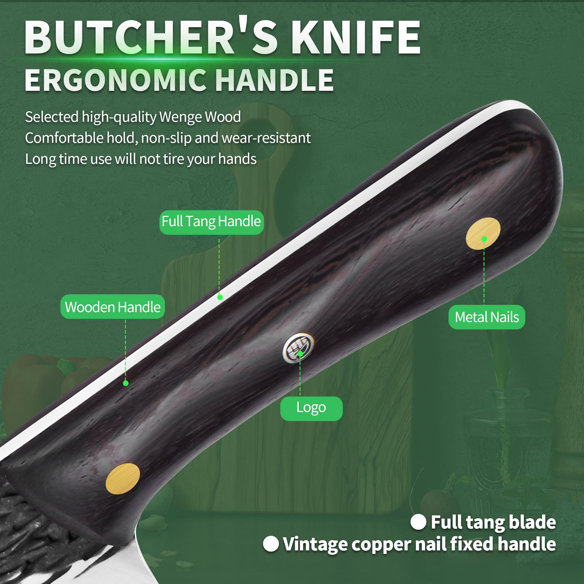 FULLHI Manico in legno Mannaia per carne pesante con fodero 2 pezzi, affettatrice in acciaio ad alto tenore di carbonio per la casa, il campeggio e il barbecue (Marrone, 17cm)