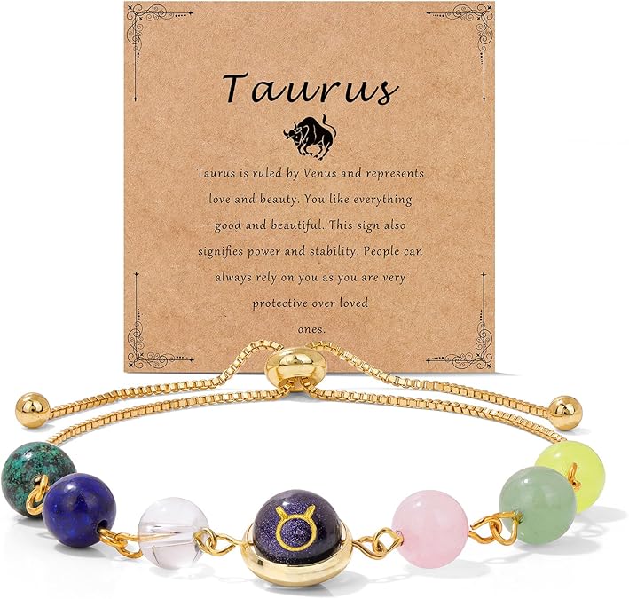 Raicegs Zodiac Bracelets for Women 18K Gold Plated Natural Stone Zodiac Sign Bracelets Gemstone Beads Healing Crystal Bracelets Constellation Horoscope Jewelry Gifts