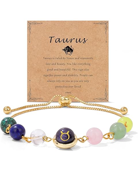 Raicegs Zodiac Bracelets for Women 18K Gold Plated Natural Stone Zodiac Sign Bracelets Gemstone Beads Healing Crystal Bracelets Constellation Horoscope Jewelry Gifts