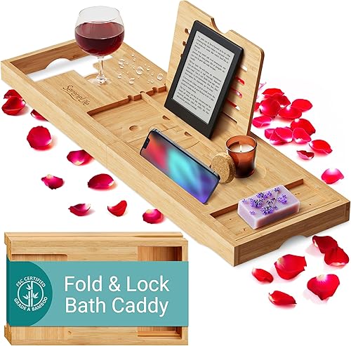 Miniatura 13 de SereneLife Carrito de baño de bambú con diseño plegable y bloqueo, bandeja de bañera expandible de 30 a 43 pulgadas, bisagras plegables de fácil
