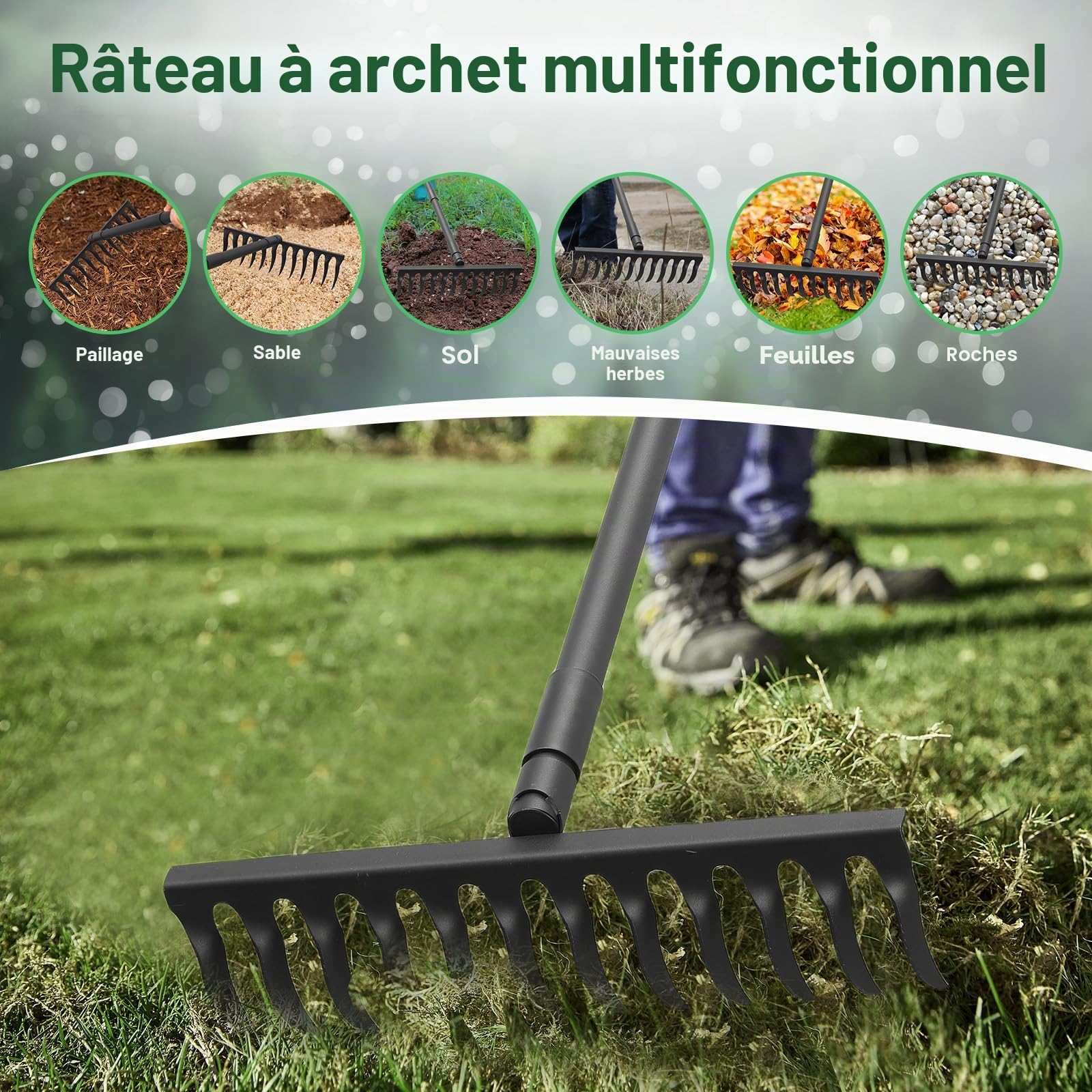 Râteau à feuilles métallique, râteau à arc robuste avec manche réglable de 152 cm, adapté pour ameublir le sol, ramasser les branches mortes, les feuilles mortes, les cailloux et les excréments