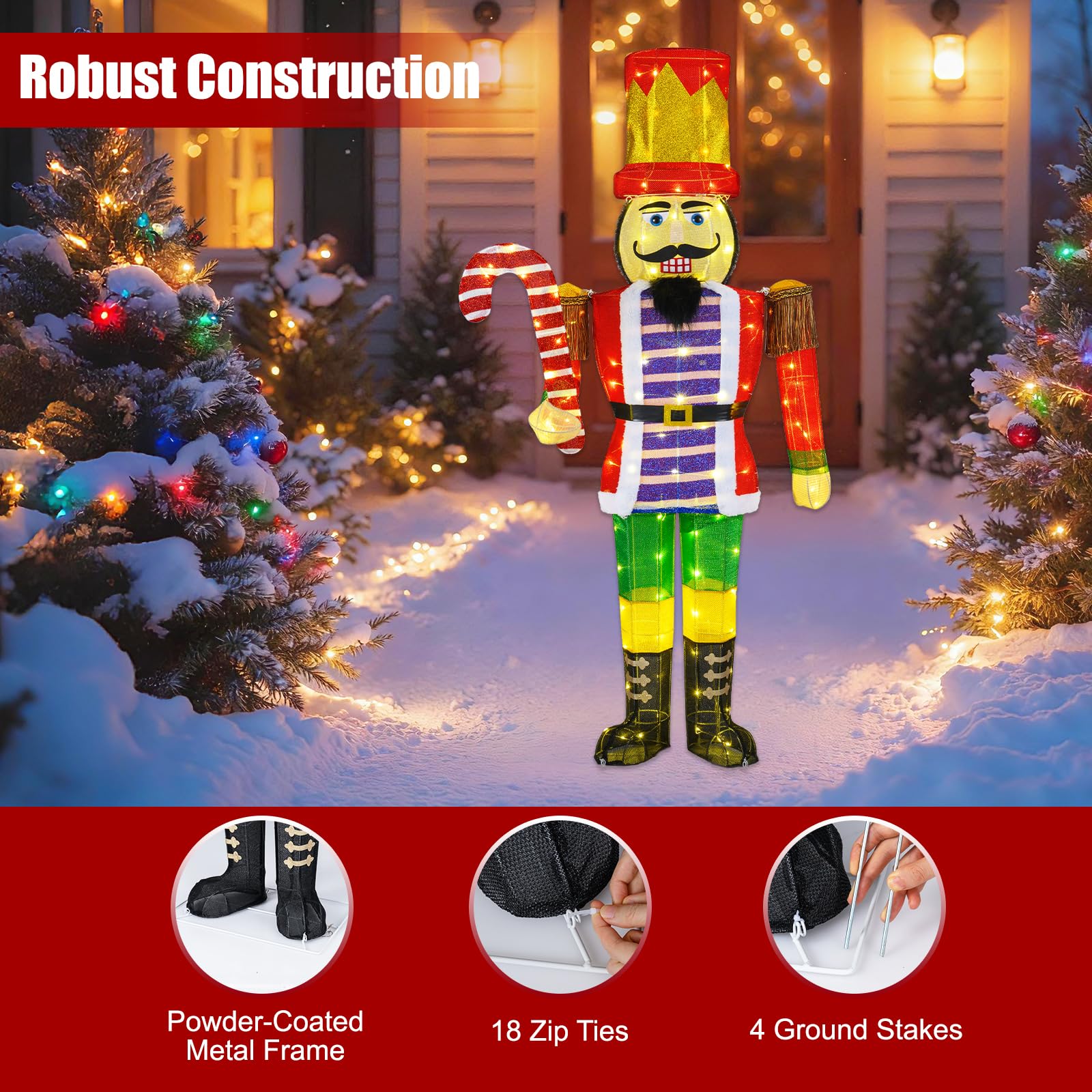 SOARS Weihnachten Nussknacker Figur groß, Weihnachtsdeko aussen XXL, 110 warmweiße LED-Lichter, 170 cm Weihnachtsfigur mit Zuckerstange, Weihnachtsbeleuchtung für außen und innen