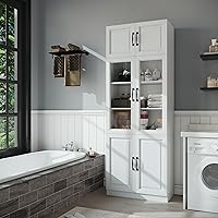 Jiaoun 87" Tall Narrow Bathroom Storage Cabinet with Glass Doors & 5-Tier Shelves, MDF Slim Cabinet for Bathroom, Kitchen, Living Room