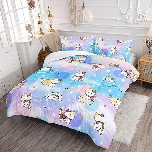 Miniatura 3 de Datura home Juego de edredón para niños con estampado de gatos lindos con 1 edredón y 2 fundas de almohada para dormitorio de niñas y niños durante