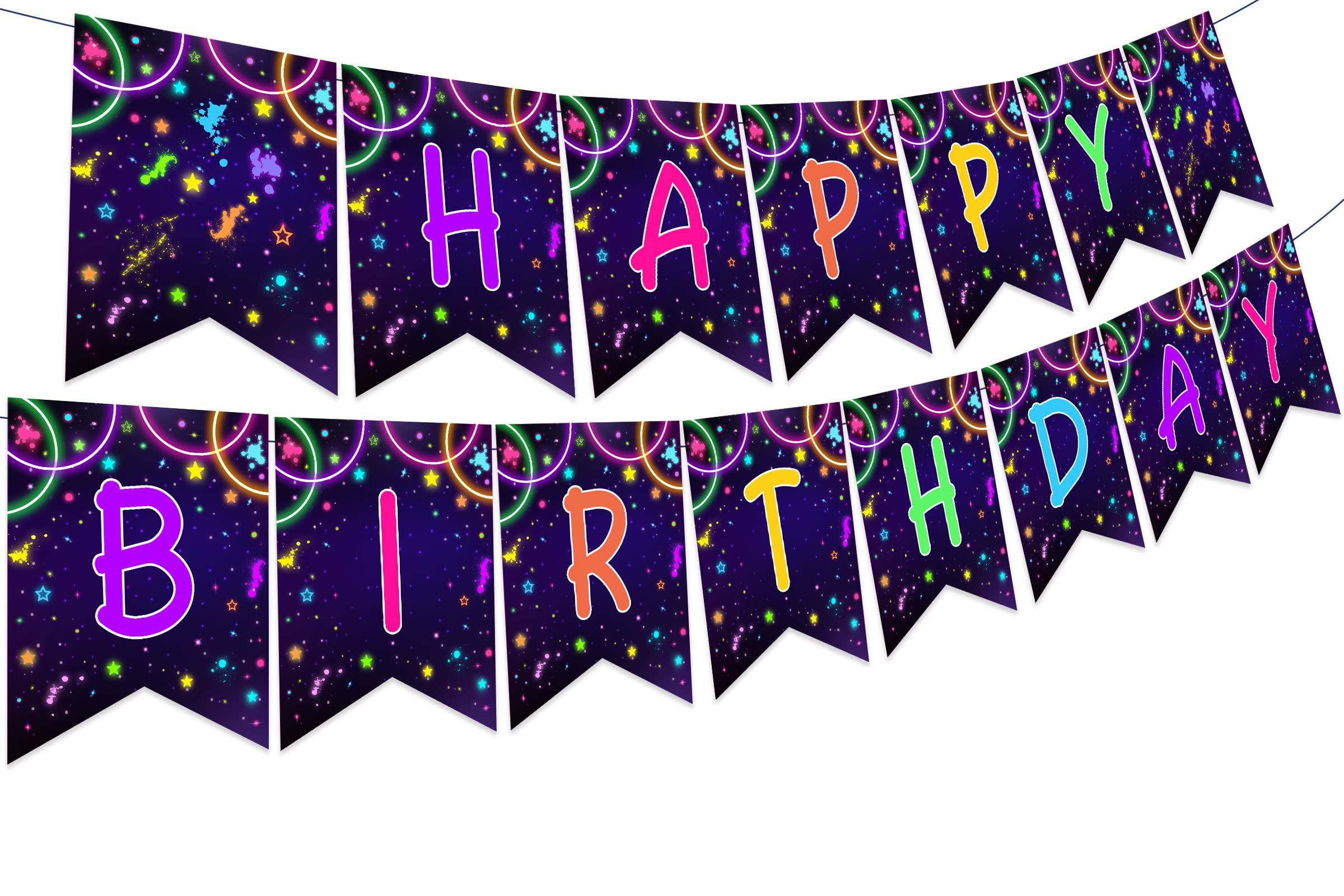 Sursurprise Neon Glow In the Dark Happy Birthday Banner for Glow Birthday Party Decorations, Black Night Glowing Neon Party Supplies