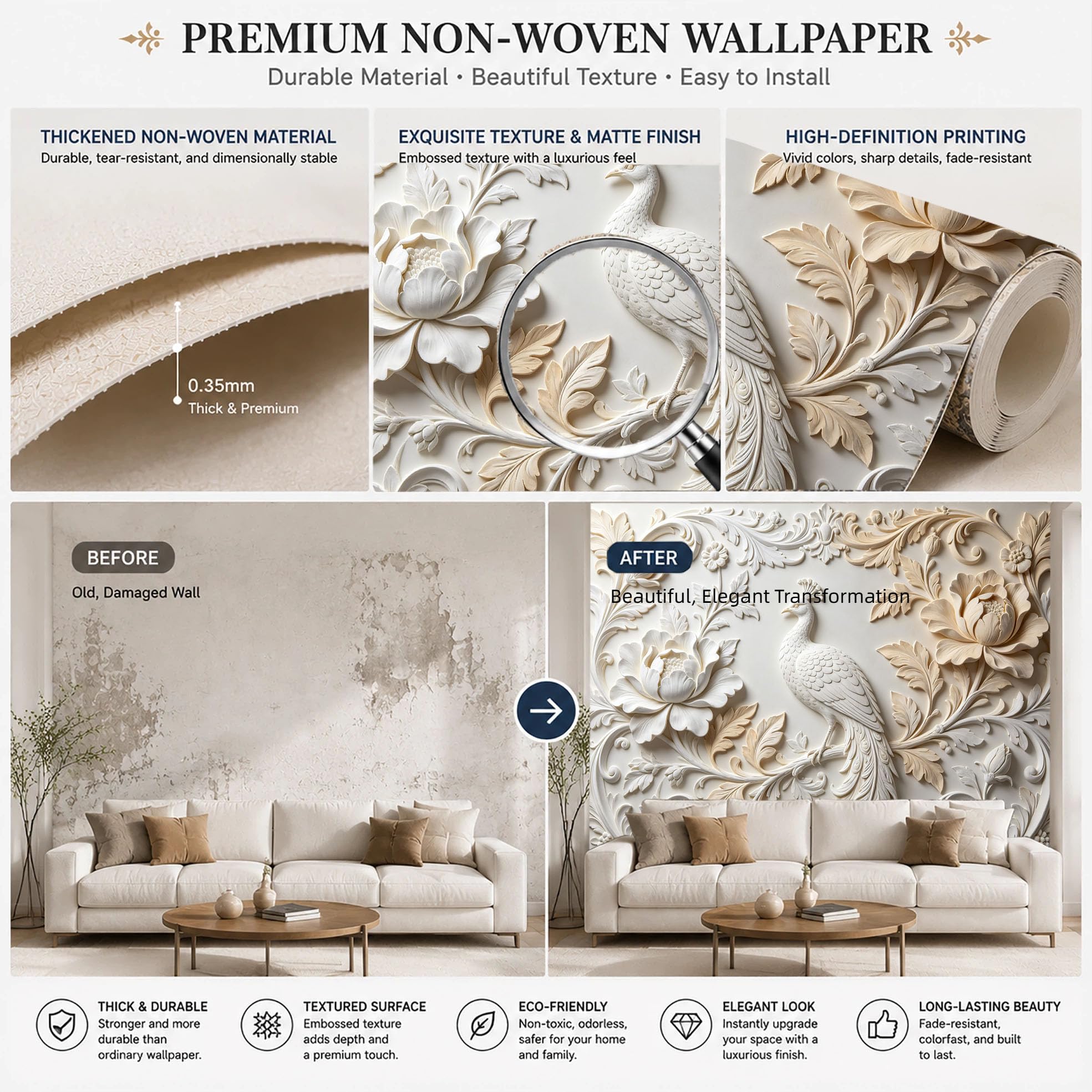 Papel Pintado Fotográfico De Lujo Oriental Elegante con Diseño De Pavo Real Blanco 320 × 230 cm (Ancho X Alto) Mural No Tejido para Revestimiento De Paredes De Sala De Estar Dormitorio Cocina Y F