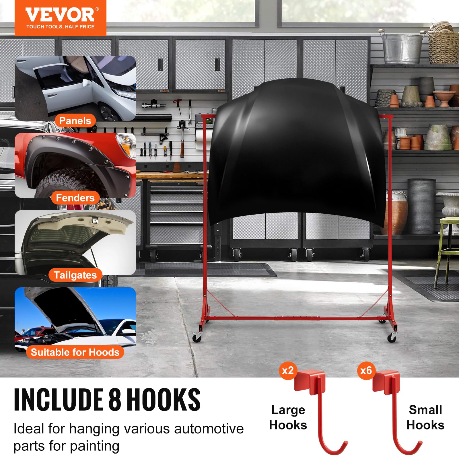 VEVOR Supporto per Verniciatura, Altezza Regolabile da 1,5 a 2,1 m Supporto per Carrozzeria per Auto con 8 Ganci, 4 Ruote Girevoli, Capacità di 30 kg per Officine di Riparazione Auto e Garage, Rosso