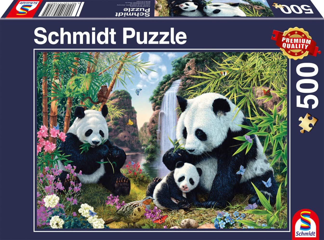 Schmidt Spiele 57380 Panda Family at Waterfall 500-Piece Puzzle, Multi-Coloured