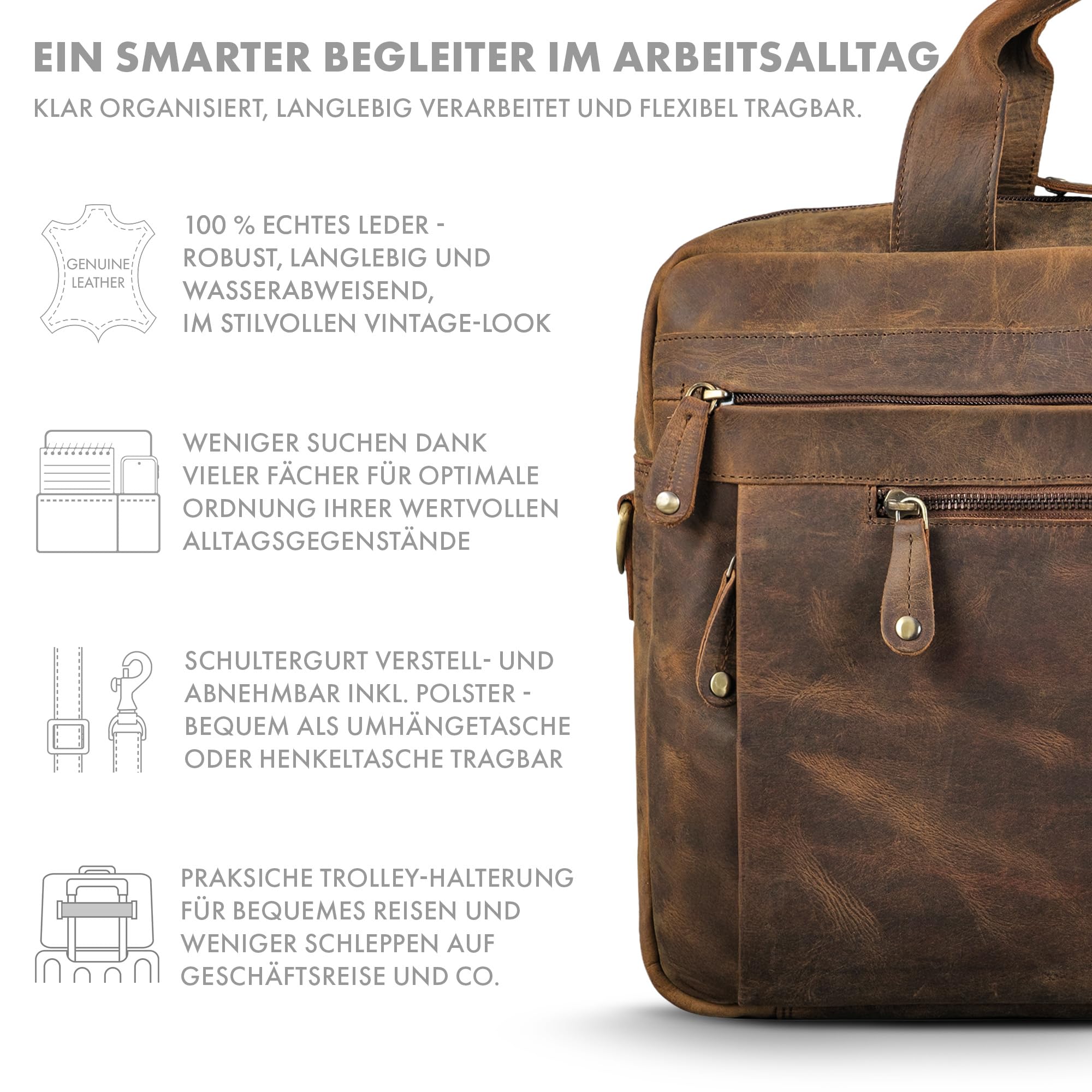 ROYALZ "Boston Aktentasche Herren Leder Business - Laptoptasche 14-17 Zoll aus Echtleder Umhängetasche Männertasche für Arbeit Alltag Reisen - Vintage Design Ledertasche;Farbe:Ohio Braun