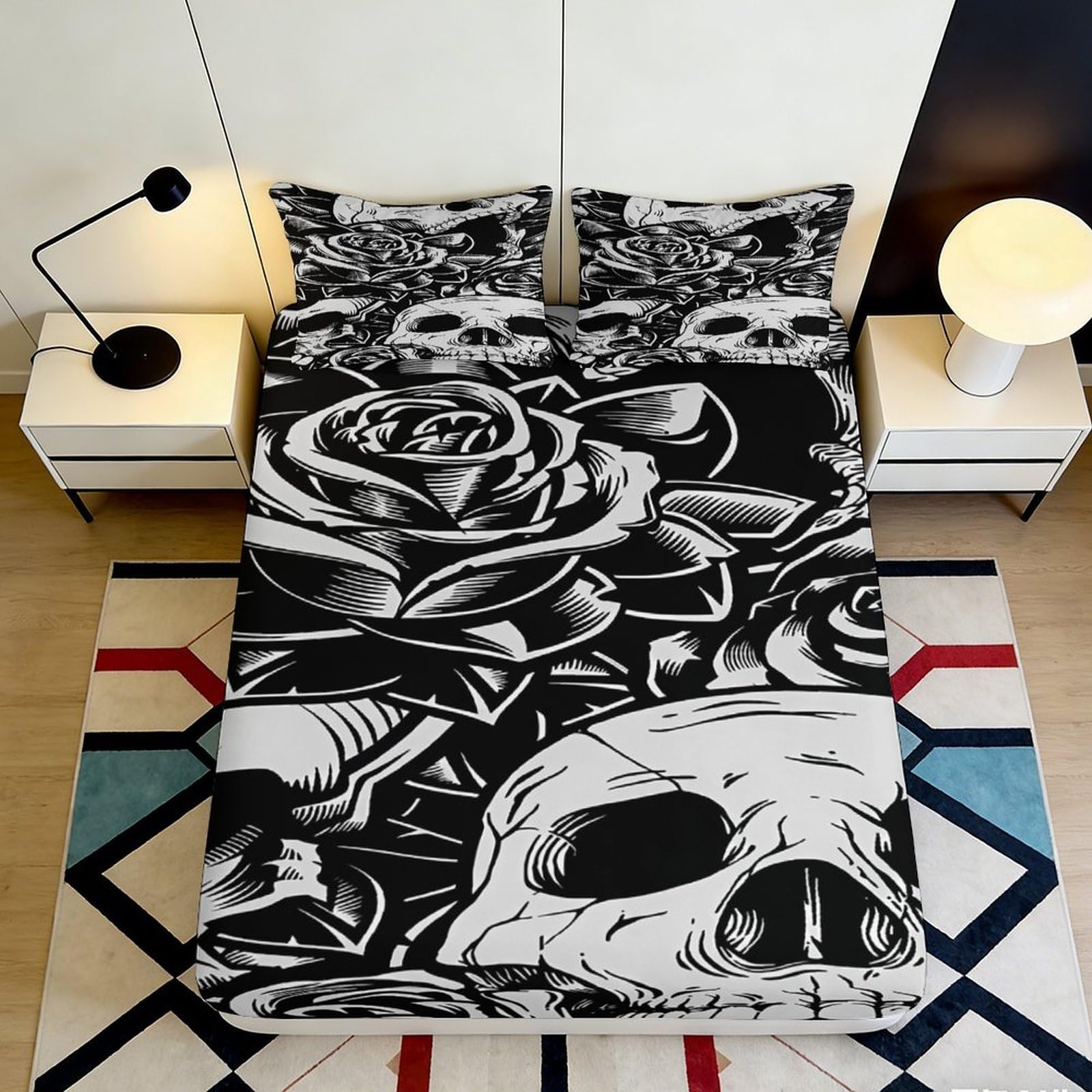 3D Printed Skull Rose Fitted Sheet Microfiber Non-Slip Deep Pocket Bedding Set Skull Rose Mattress Fitted Cover All Ages Washable 90x200x25cm