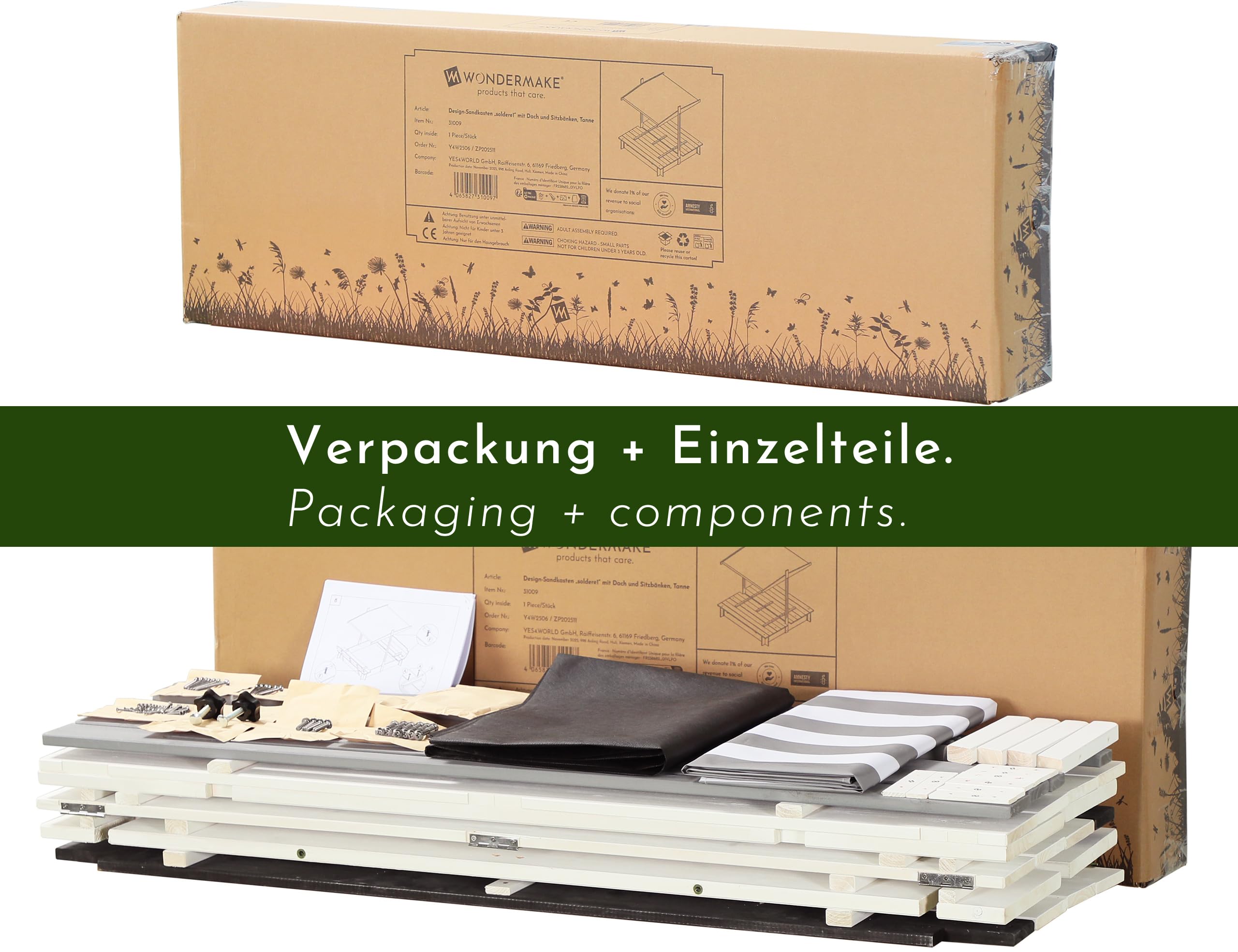 Arenero de diseño de madera con techo, cubierta y banco, caja de arena para niños con tapa plegable, protección solar UV, caja de arena cuadrada para jardín, parque infantil, 120 x 120 cm