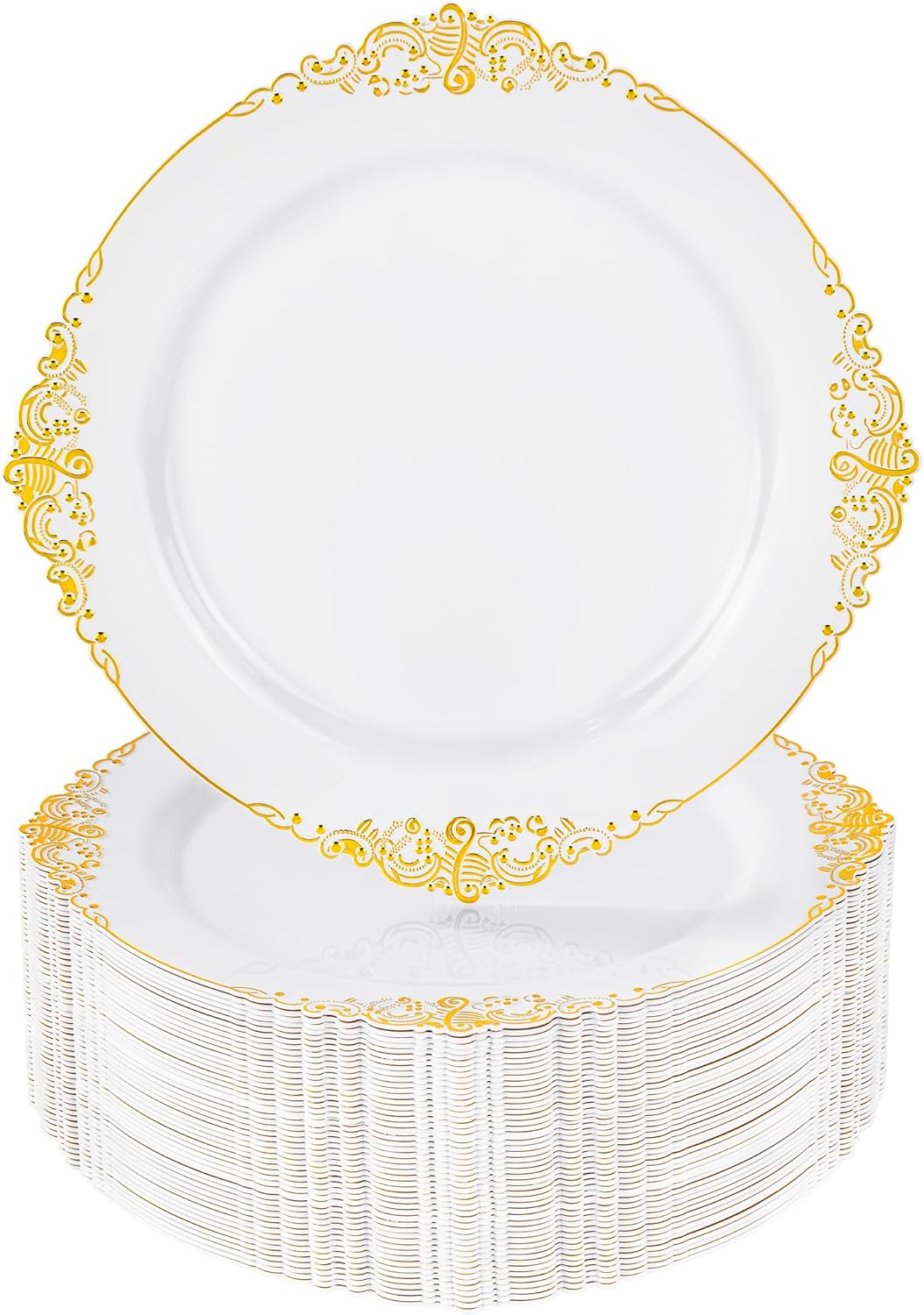 Nervure 100Pcs White and Gold Plastic Plates - 10.25Inch Gold Disposable Plates - Heavyweight Dinner Plate for Wedding & Party