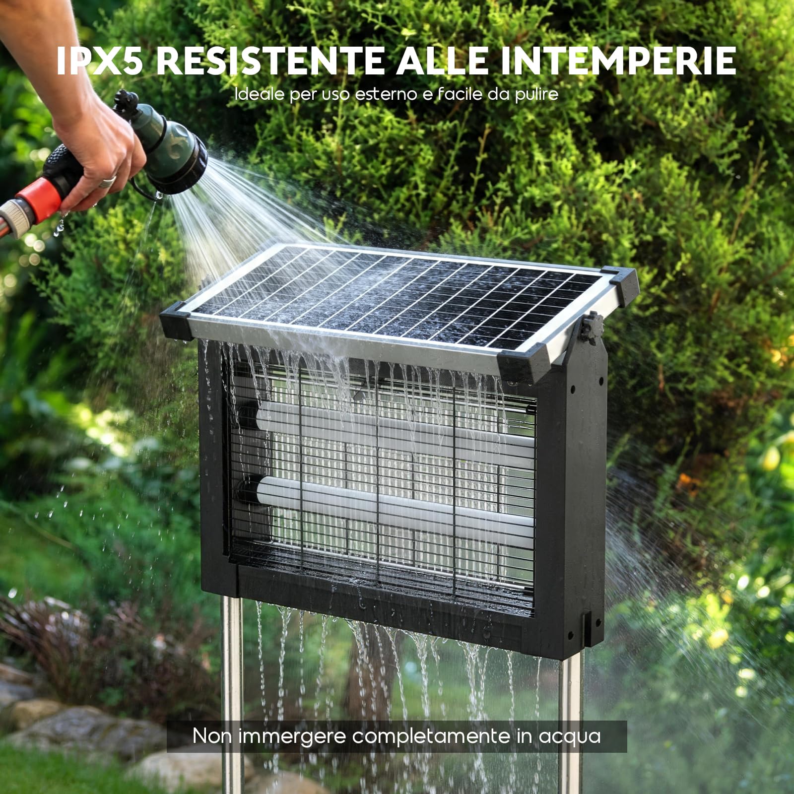 Lámpara Antimosquitos Solar de Exterior, Mata Mosquitos Eléctrico 4500V, Impermeable IPX5, Recargable USB-C, Batería de 4000mAh, Sin Cables con Estaca para Jardín, Césped