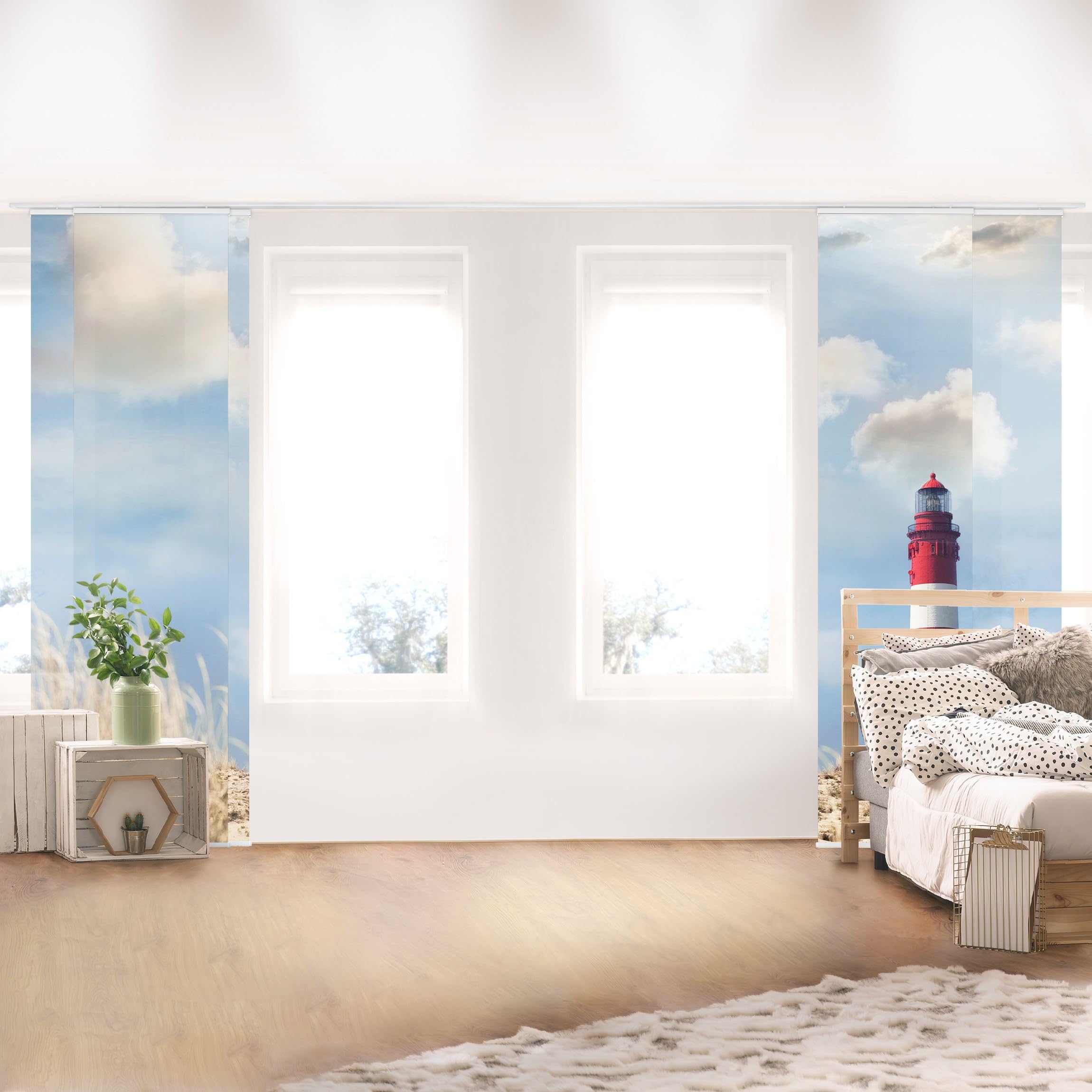 Schiebegardine halbtransparent 60er Paneel Klett Strand Textil lichtdurchlässig - Düne Modern Flächenvorhang blau Wohnzimmer Schlafzimmer 1408 (300x250 cm - 5er Set)