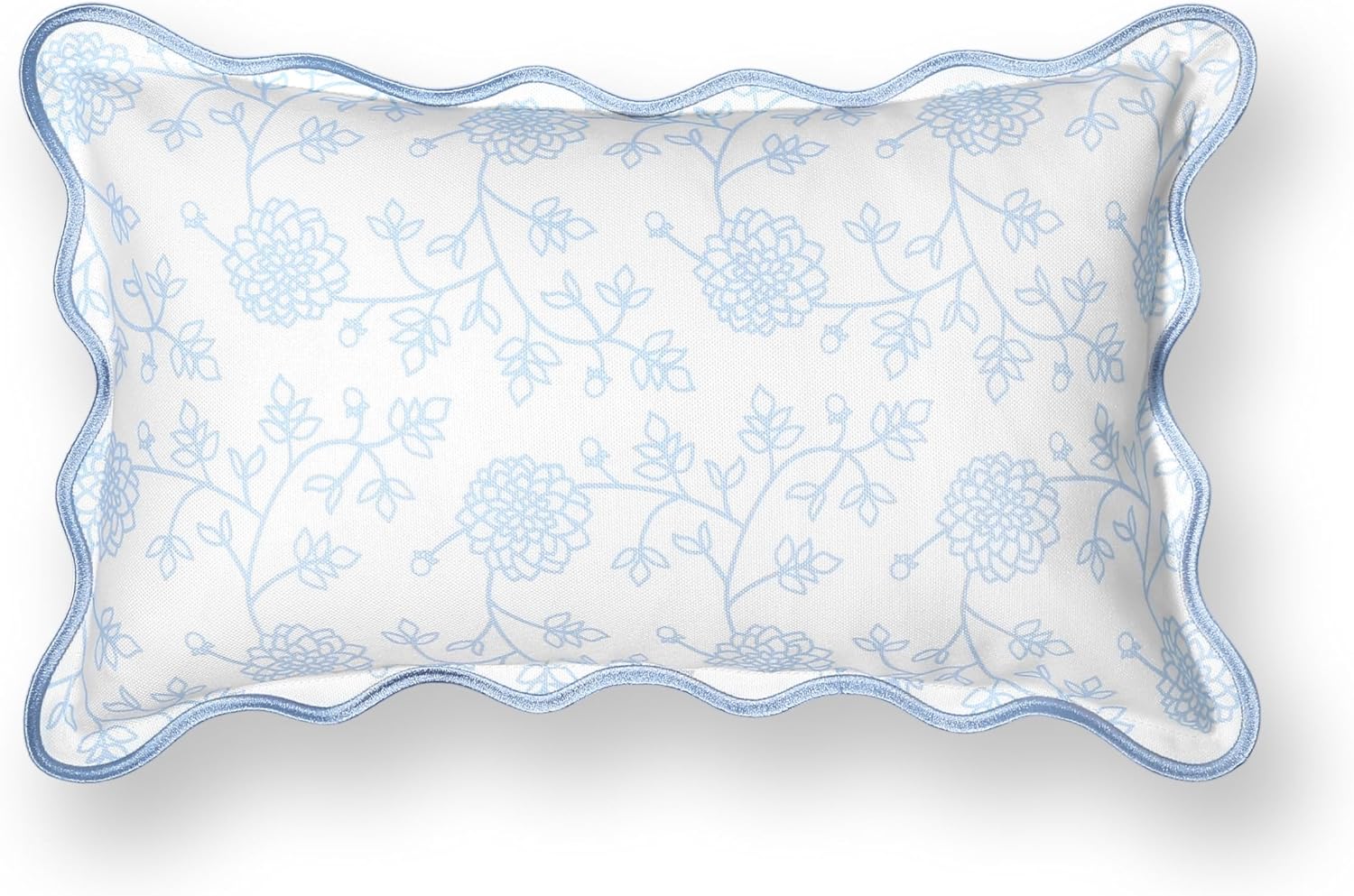 Hofdeco Premium Coastal Patio Indoor Outdoor Scalloped Lumbar Pillow Cover Only, 12x20 Water Repellent for Backyard, Couch, Baby Blue Print Dahlia Floral