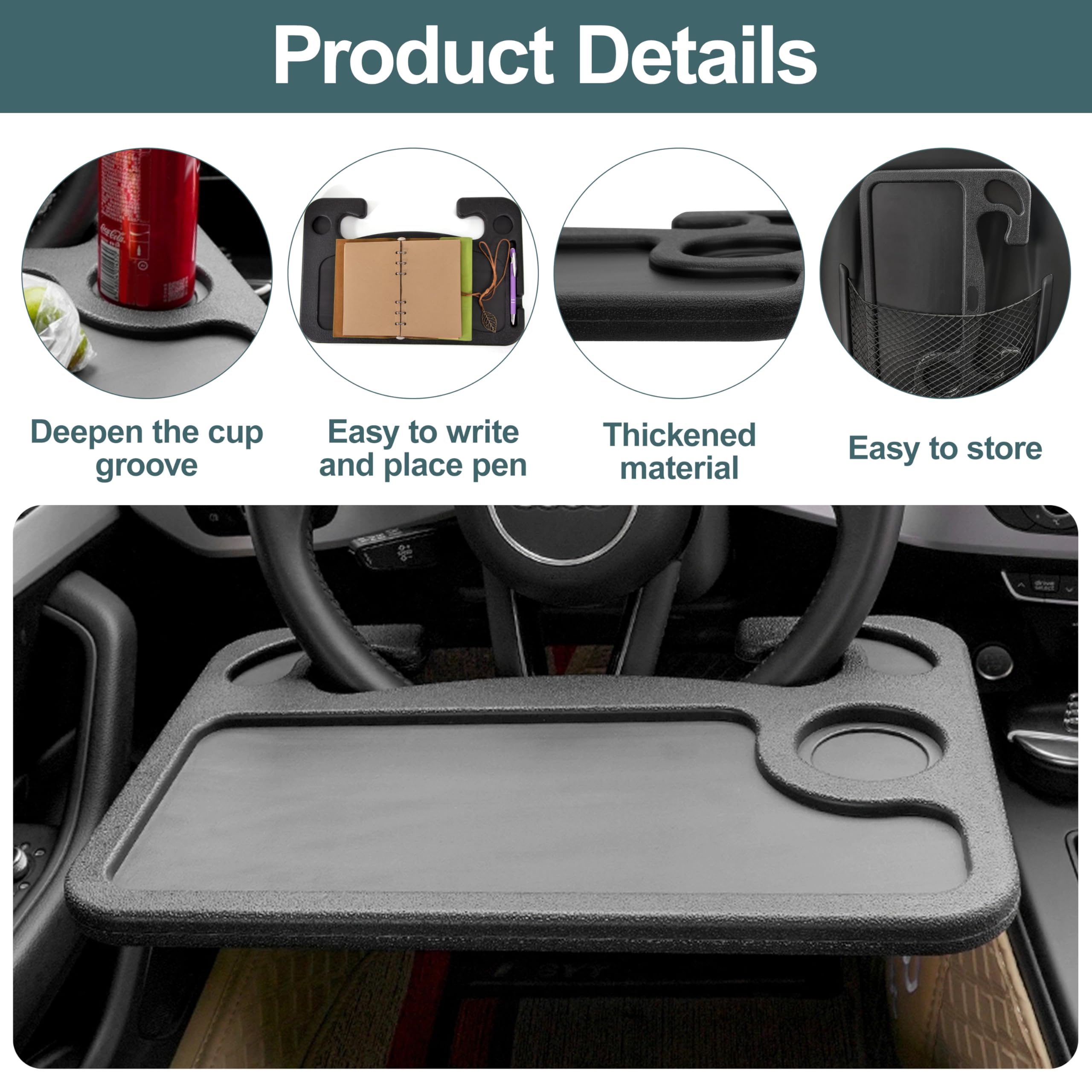 Vassoio Multiuso Per Volante Auto - Tavolo Da Pranzo E Scrivania Portatile In ABS Per Mangiare E Lavorare In Auto (Rosa) - 5