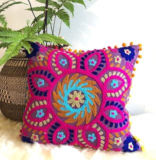 INDACORIFY Suzani Embroidered Pillow Cover 16x16 - Boho Cotton Throw Cushion with Pom Poms, Indian Decorative Sham for Sofa Bed Outdoor