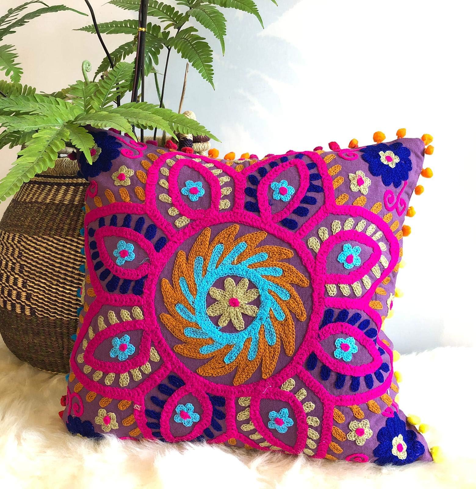 Traditional Jaipur Suzani Pillows, Embroidered Cushion Cover 16x16, Decorative Throw Pillow Case, Indian Pom Pom Outdoor Cushions, Boho Pillow Shams