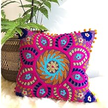 Traditional Jaipur Suzani Pillows, Embroidered Cushion Cover 16x16, Decorative Throw Pillow Case, Indian Pom Pom Outdoor Cushions, Boho Pillow Shams