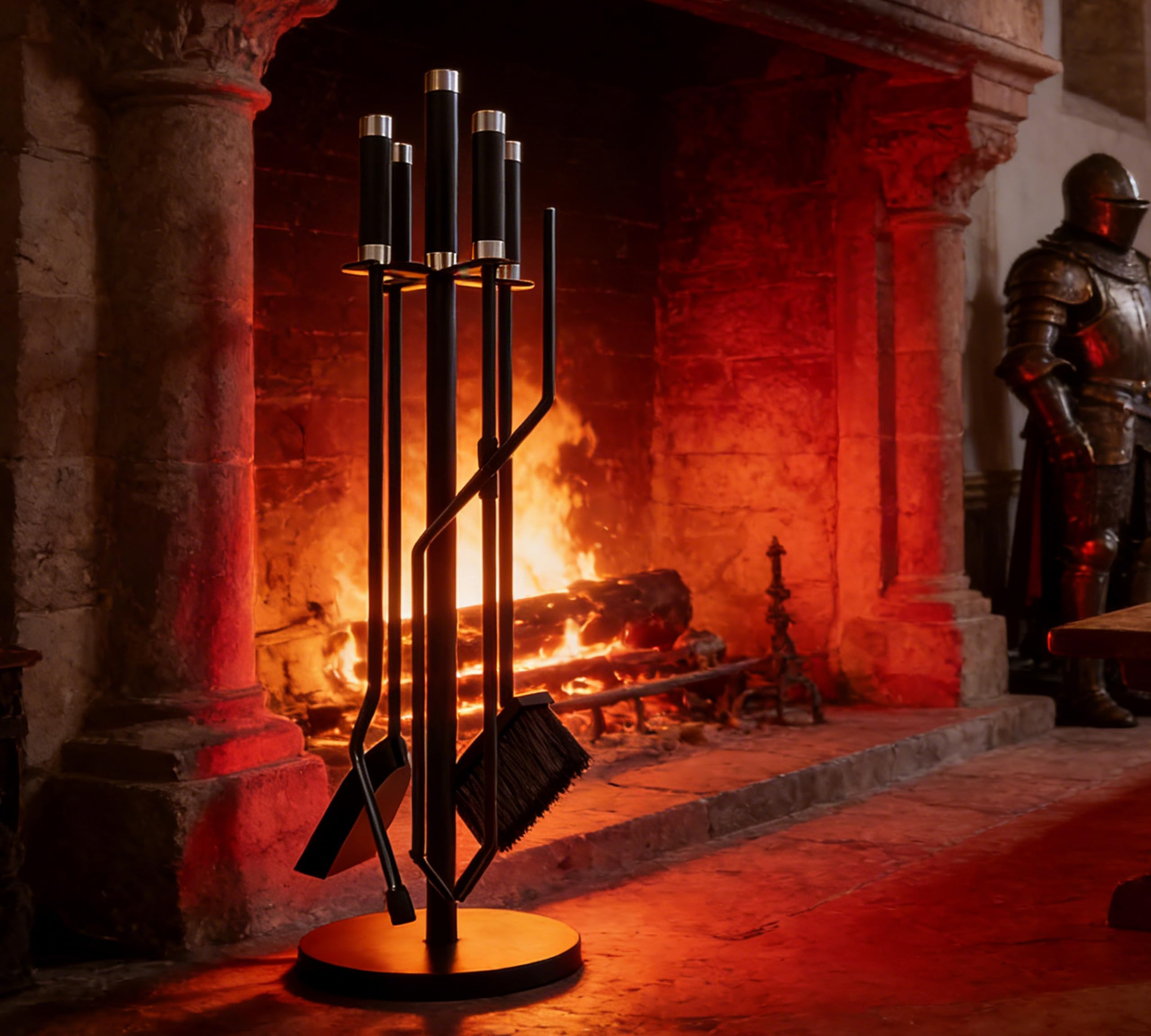 Kingson Set di 5 accessori per caminetto – Ferro rivestito in polvere nero con manici in acciaio inossidabile – Include spazzola, paletta, attizzatoio, pinze e supporto pesante – Set di strumenti per