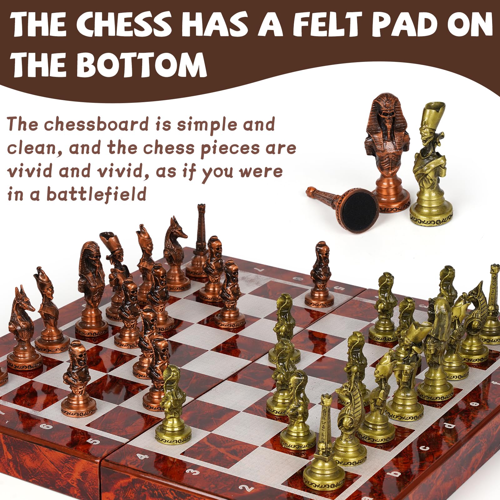 Gran Juego de Ajedrez de Metal Egipcio para Adultos – Tablero de Ajedrez Plegable de Madera de 15 Pulgadas con Piezas de Ajedrez Antiguas Ponderadas – Juego de Tablero Clásico de Lujo Vintage para