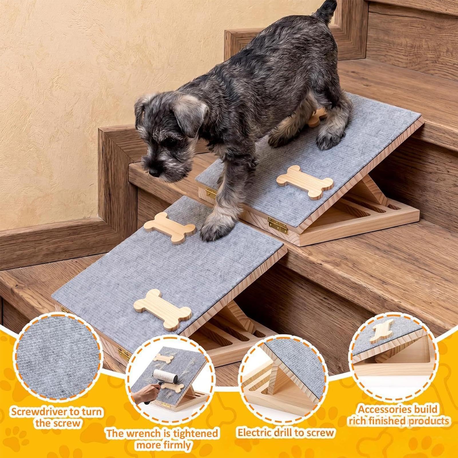 Rampa de Perros para Escalones 2 Piezas Peldaños de Madera Ajustables en