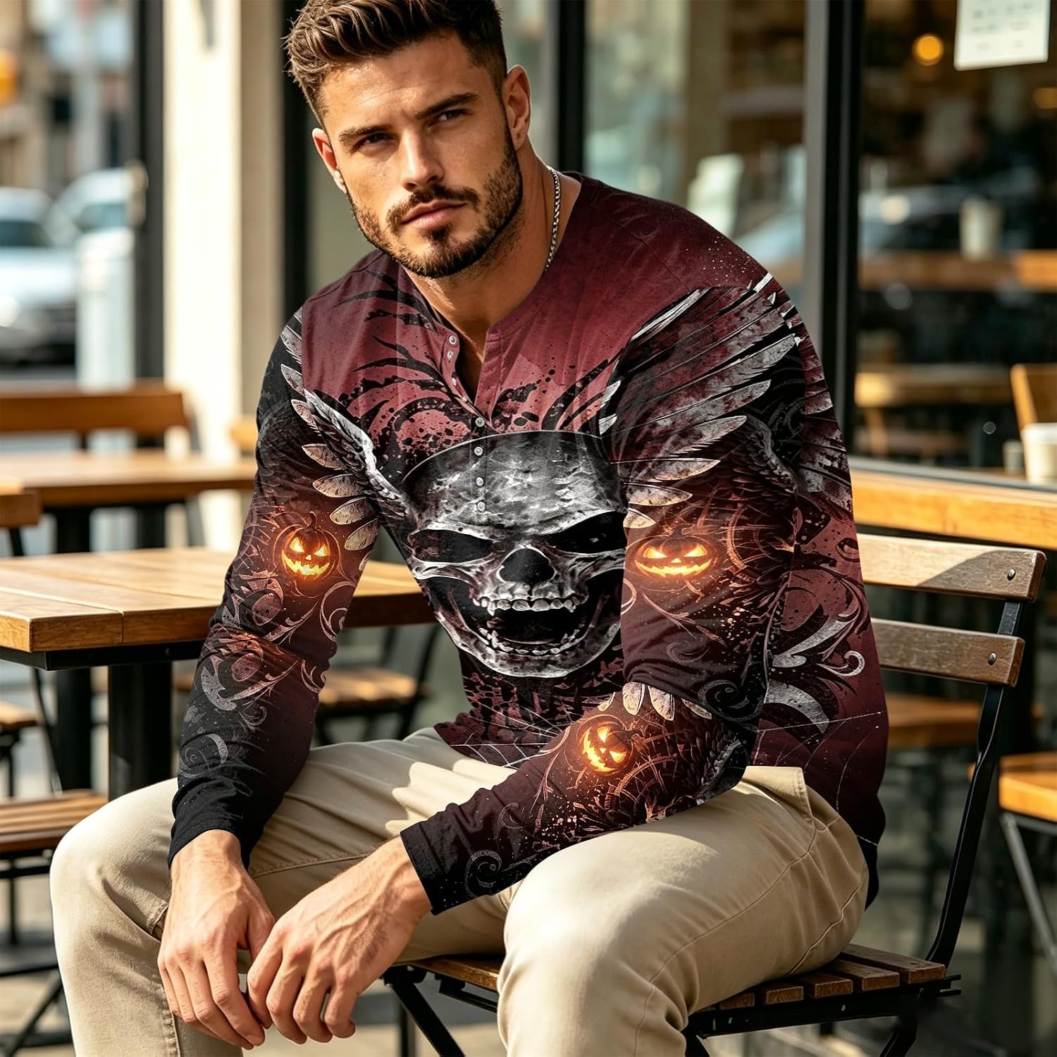 Men's Halloween Henley Shirts Long Sleeve Basic T-Shirt