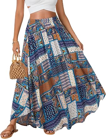 Rooscier Womens Boho Flowy Maxi Skirt Asymmetric A Line Elastic Waist Summer Long Skirts