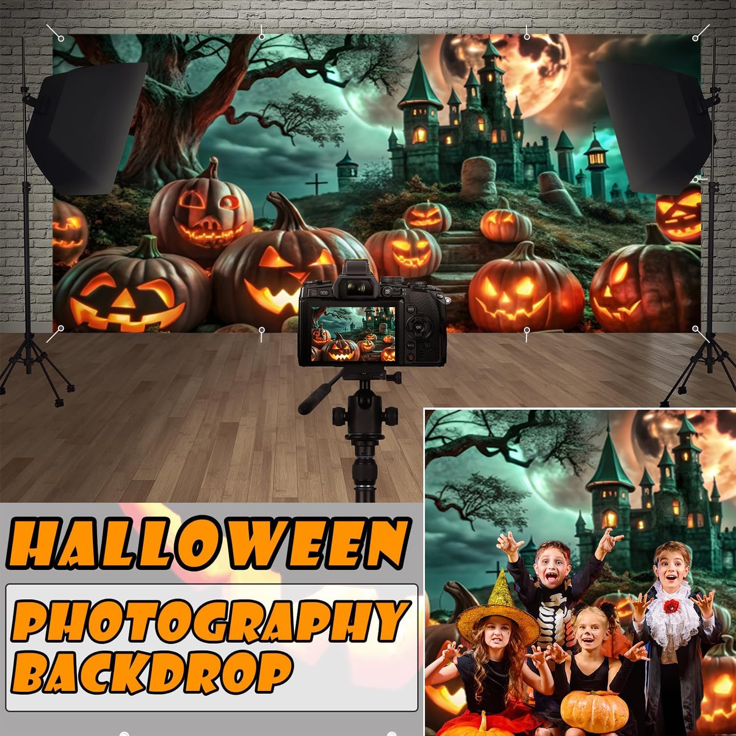 Halloween Garage Door Cover Decorations 7x16ft Outdoor Large Garage Door Dark Scary Castle Haunted House Cemetery Scary Night Yard Sign Banner Photo Booth Background Props for Wall Door House Party