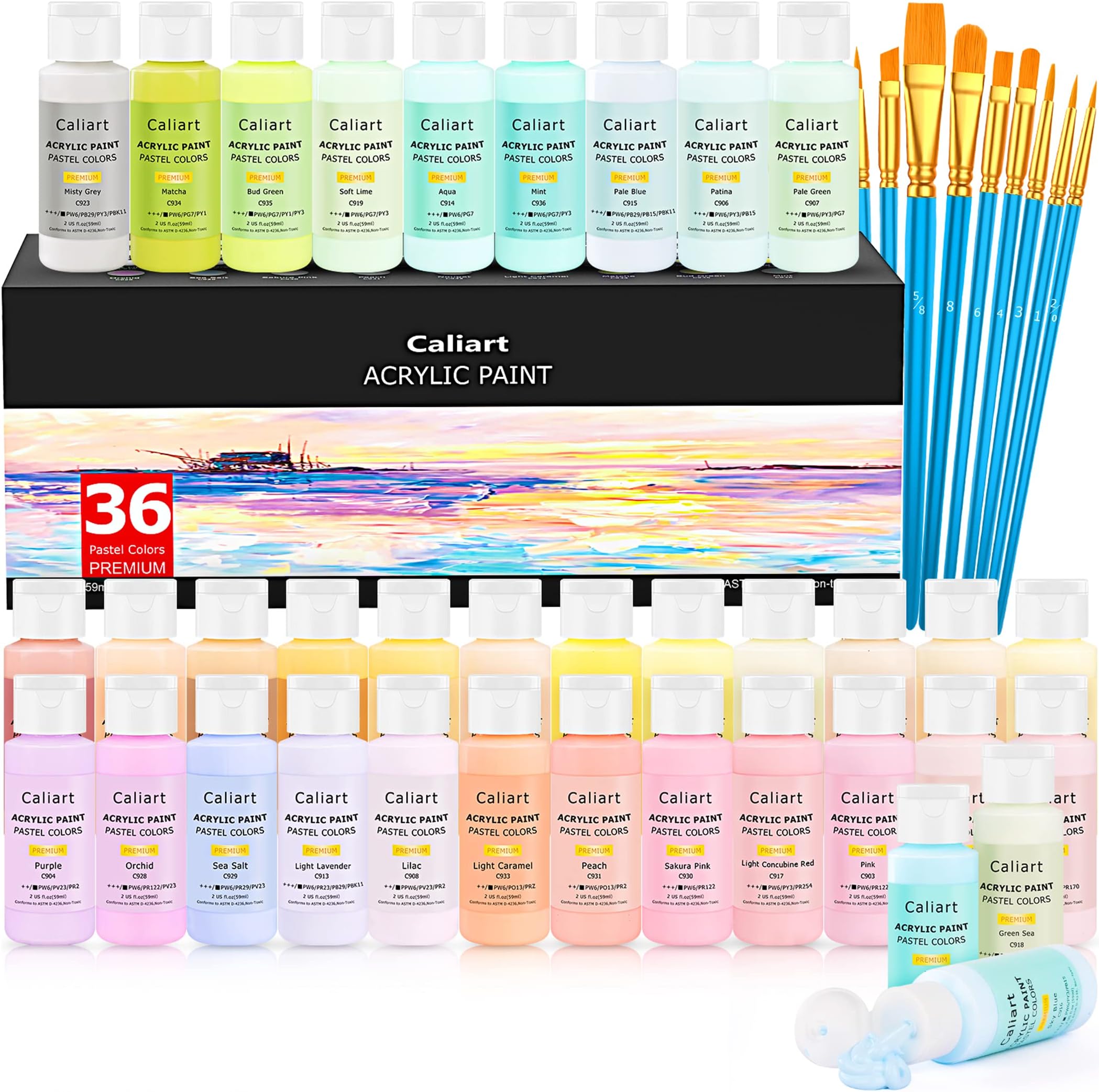 Acrylic Paint Set with 12 Brushes, 36 Pastel Colors (59ml, 2oz) Art Craft Paint for Artists Adults Beginners Painters, Canvas Ceramic Wood Fabric Rock Painting Supplies Kit