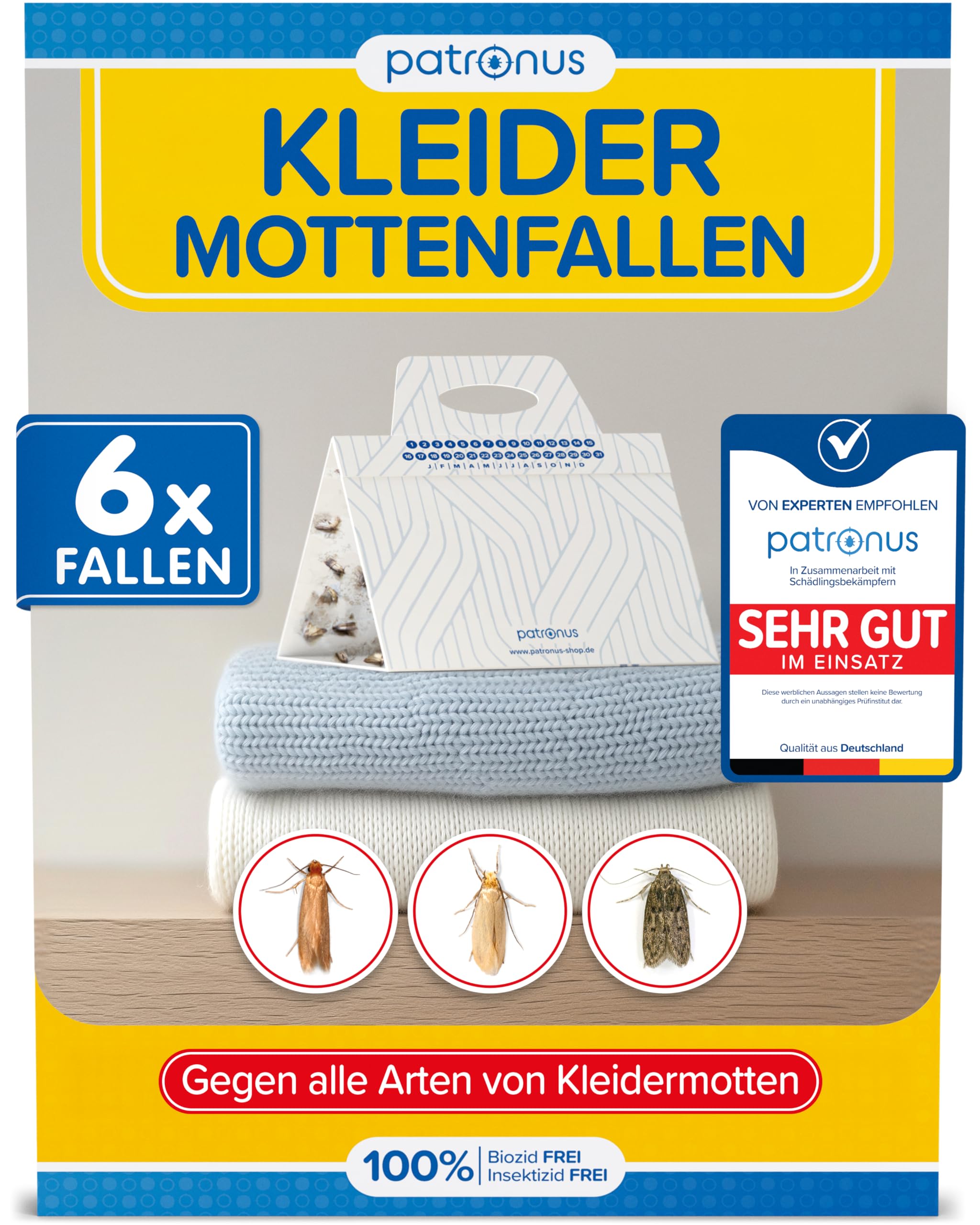Patronus Kleidermottenfalle [6 Stück] - effektiver Mottenschutz für Kleiderschrank - Mottenfalle Kleidermotten mit maximaler Lockwirkung - Kleidermotten bekämpfen - Alternative zu Mottenpapier