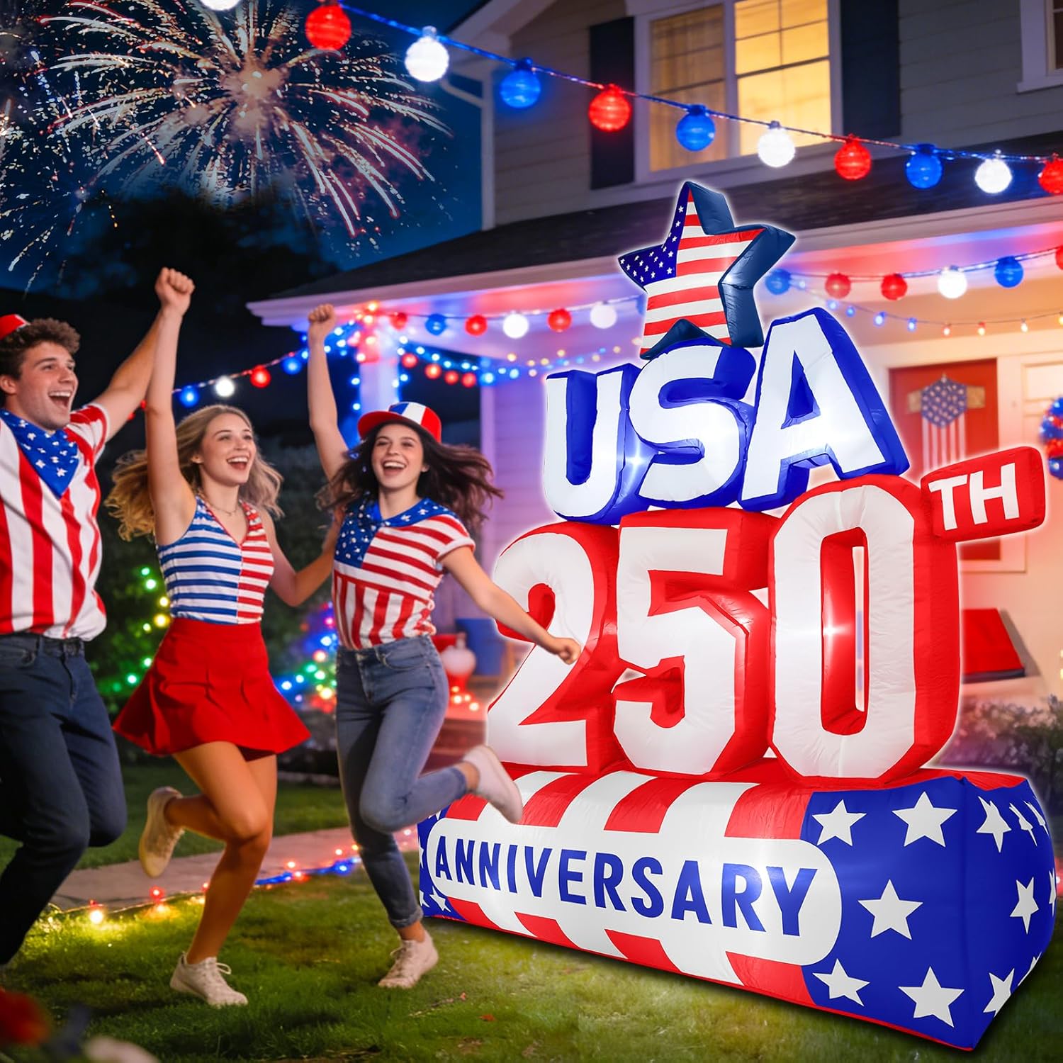 6FT 250th Anniversary 4th of July Inflatables Outdoor Decorations Patriotic Blow Up Yard Decorations with LED Lights Fourth of July Memorial Independence Day Party Garden Holiday Outside Decor