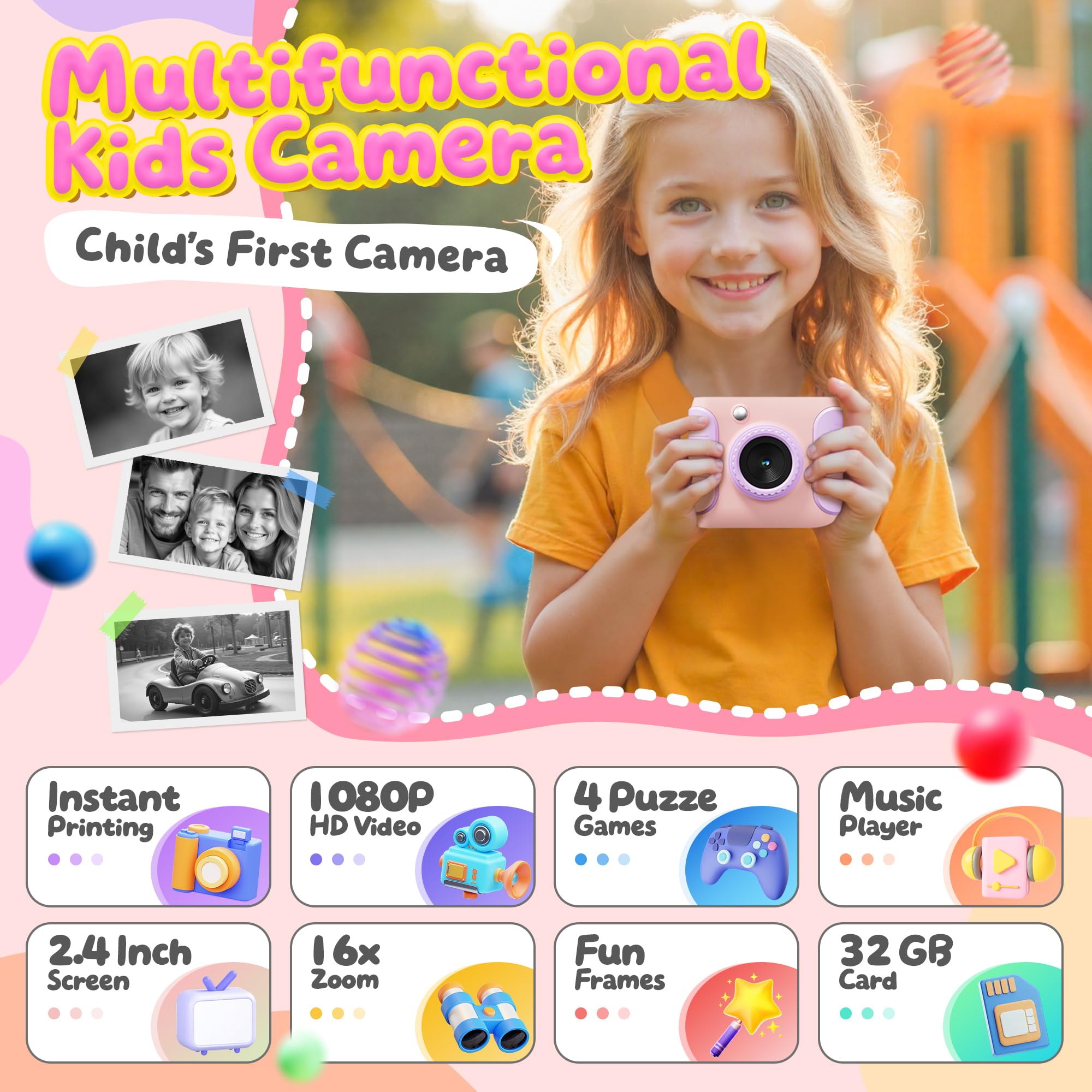 CalineGam Macchina Fotografica Bambini Istantanea, HD 1080P Fotocamera Istantanea per Bambini con Scheda 32G e Carta Fotografica, Regalo per Ragazze Ragazzi da 3-12 Anni (Rosa)