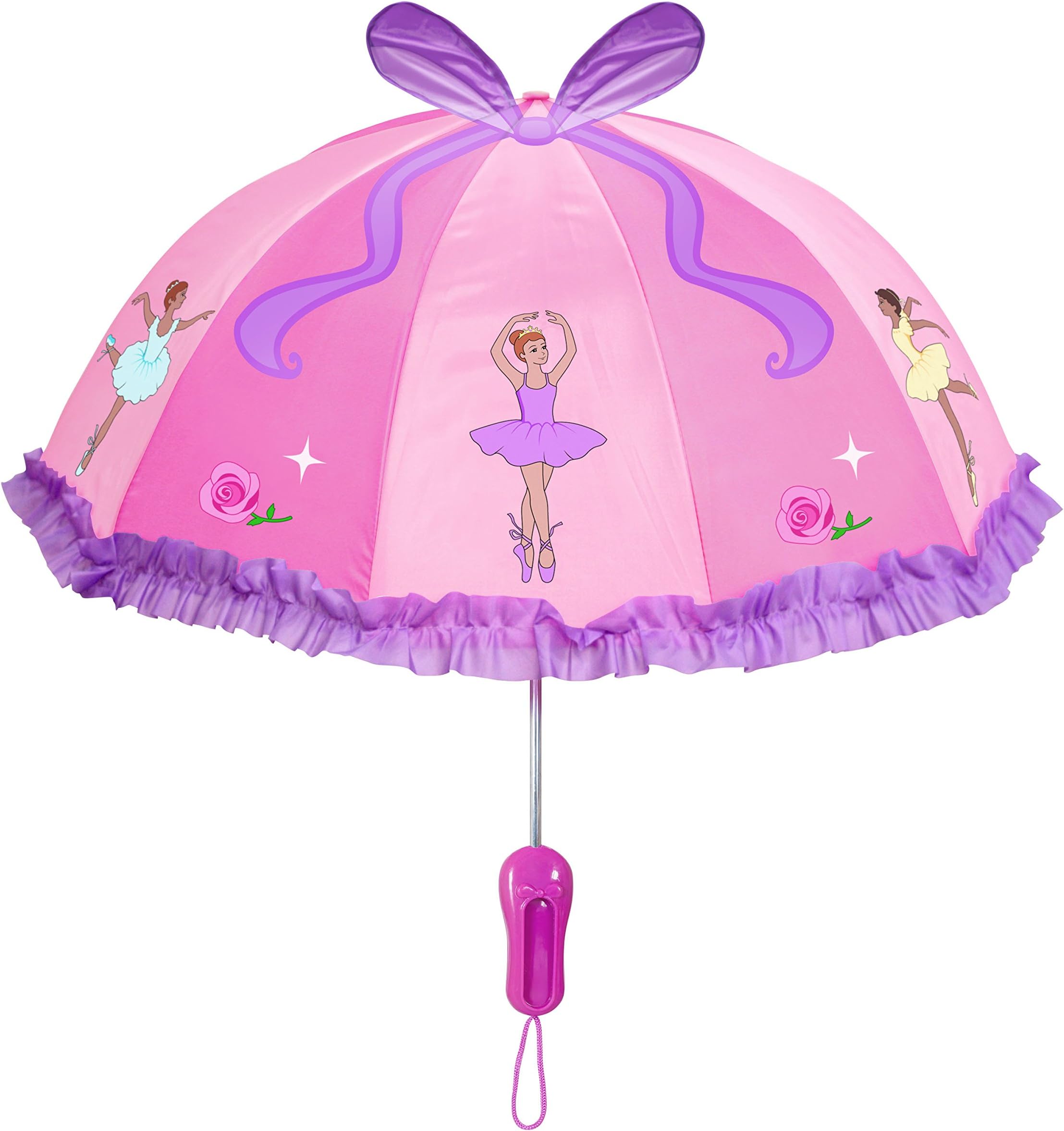 Pink Ballerina Umbrella for Girls w/Fun Ballet Dancers, Pop-Out Ribbon, Pointe Shoe Handle