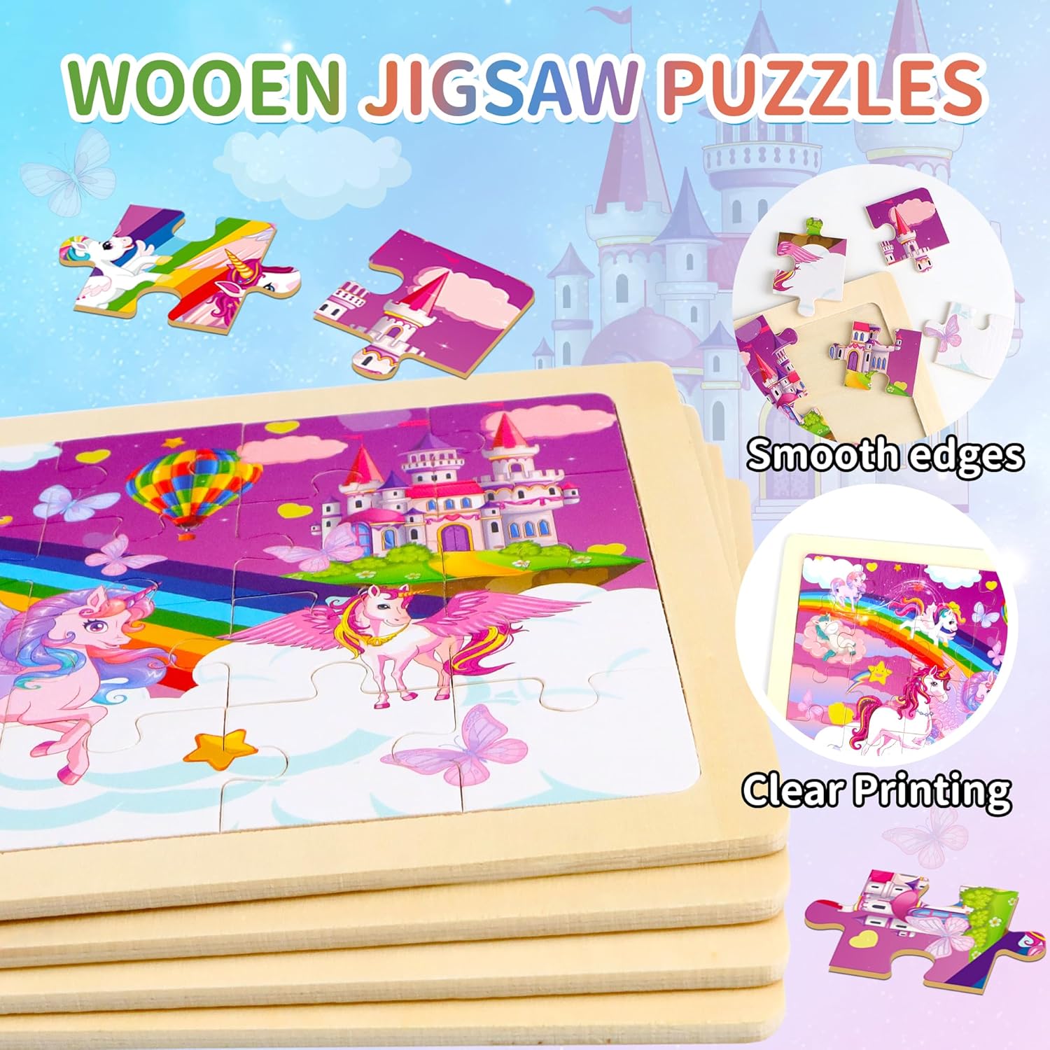 Wooden Puzzles for Kids Ages 4-6,Unicorn Princess Mermaid Fairy Kid Puzzles,24pcs Puzzles for Kids Ages 3-5,4 Pack Preschool Educational Toys Gifts for 3 4 5 Year Old Toddler Girls Boys Jigsaw Puzzle