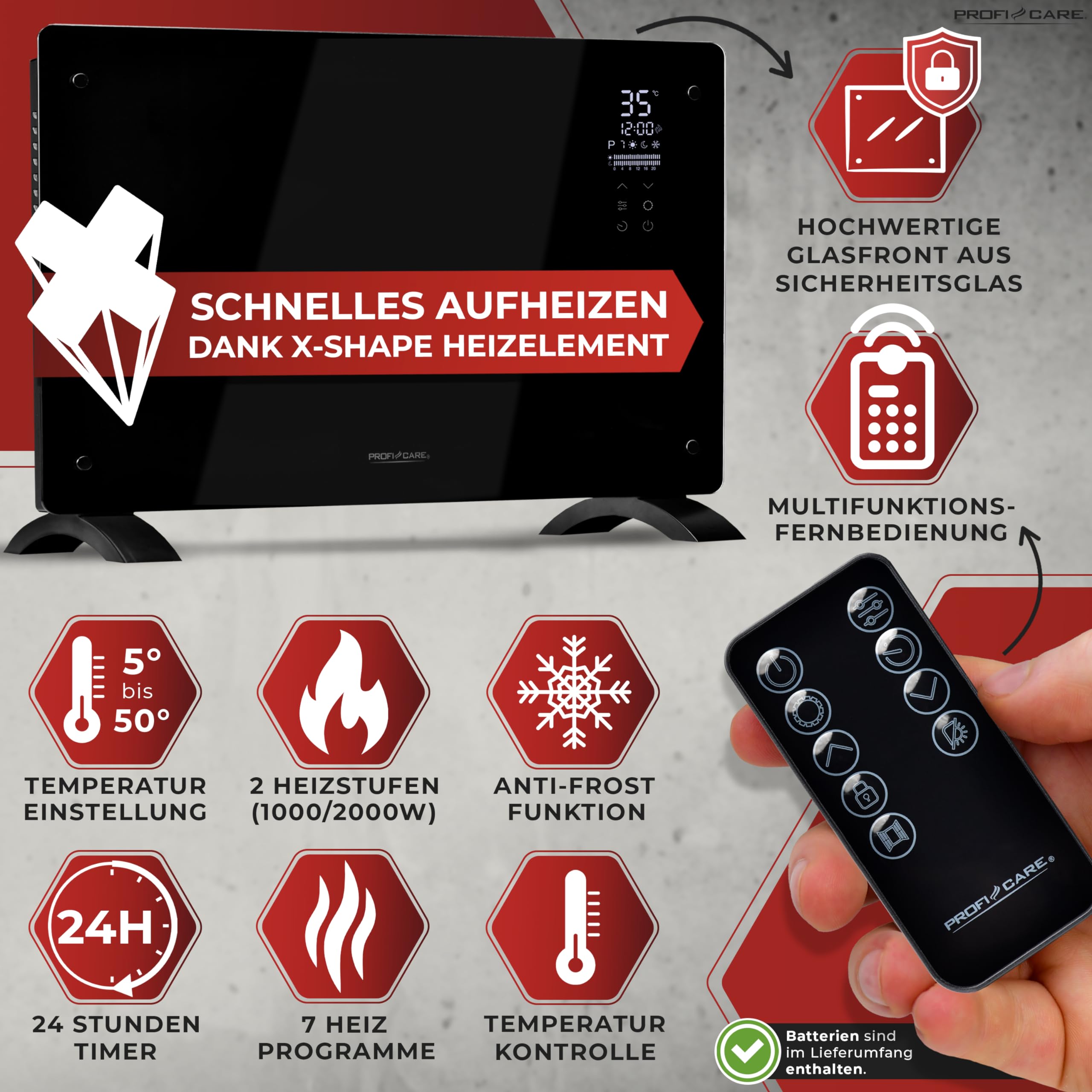 ProfiCare® Grzejnik elektryczny ze szklanym frontem i elementem grzejnym X-Shape | mobilny grzejnik nadaje się również do montażu na ścianie | ogrzewanie konwektorowe z 2 stopniami ogrzewania |