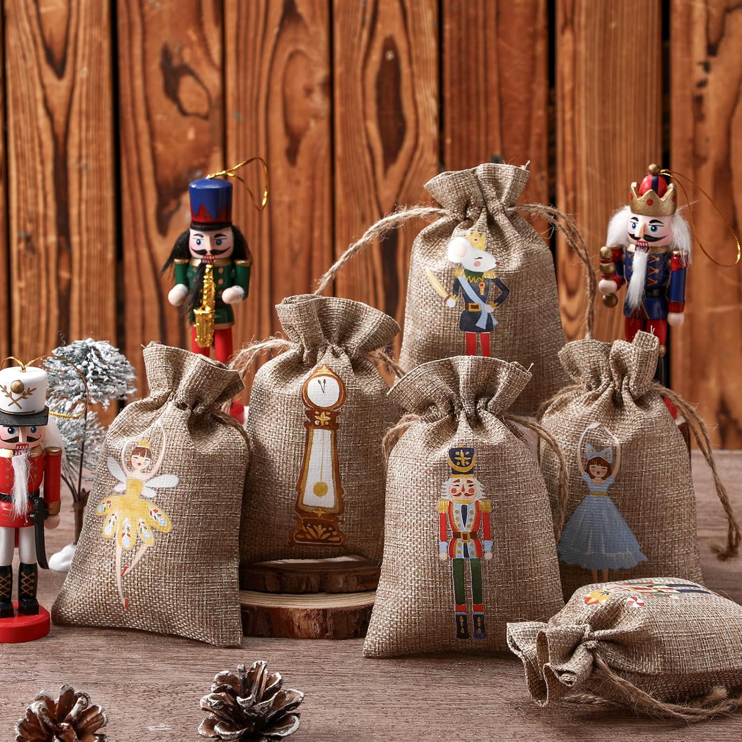 Kinlop 24 Pieces Christmas Nutcracker Burlap Gift Bags with Drawstrings 6 Designs Christmas Holiday Goody Treat Bags Linen Wrapping Candy Pouches Jewelry Pouches for Xmas New Year Party Favors - Image 6