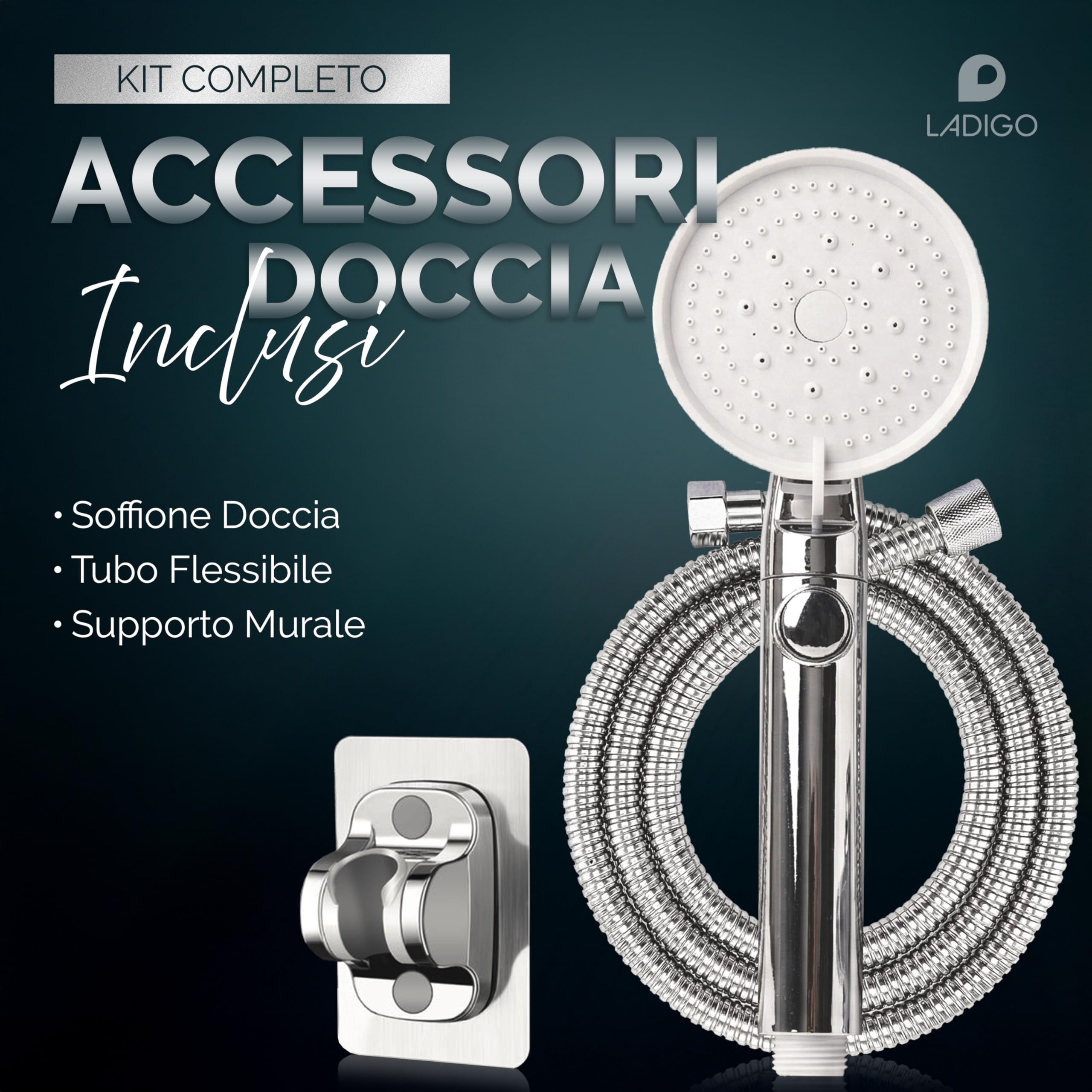 Soffione Doccia Alta Pressione Anticalcare con Tubo 200 cm e Supporto Universale