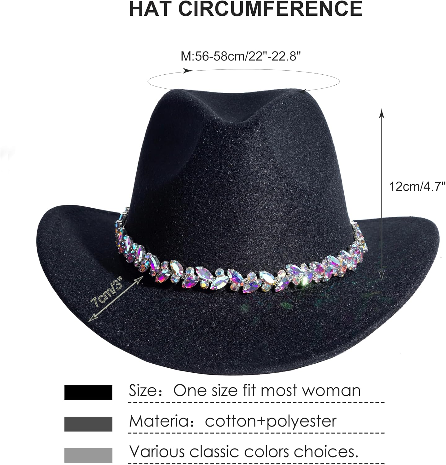 Women Rhinestone Cowboy Hat Wide Brim Felt Cowgirl Hats Shiny Party Wedding Hat