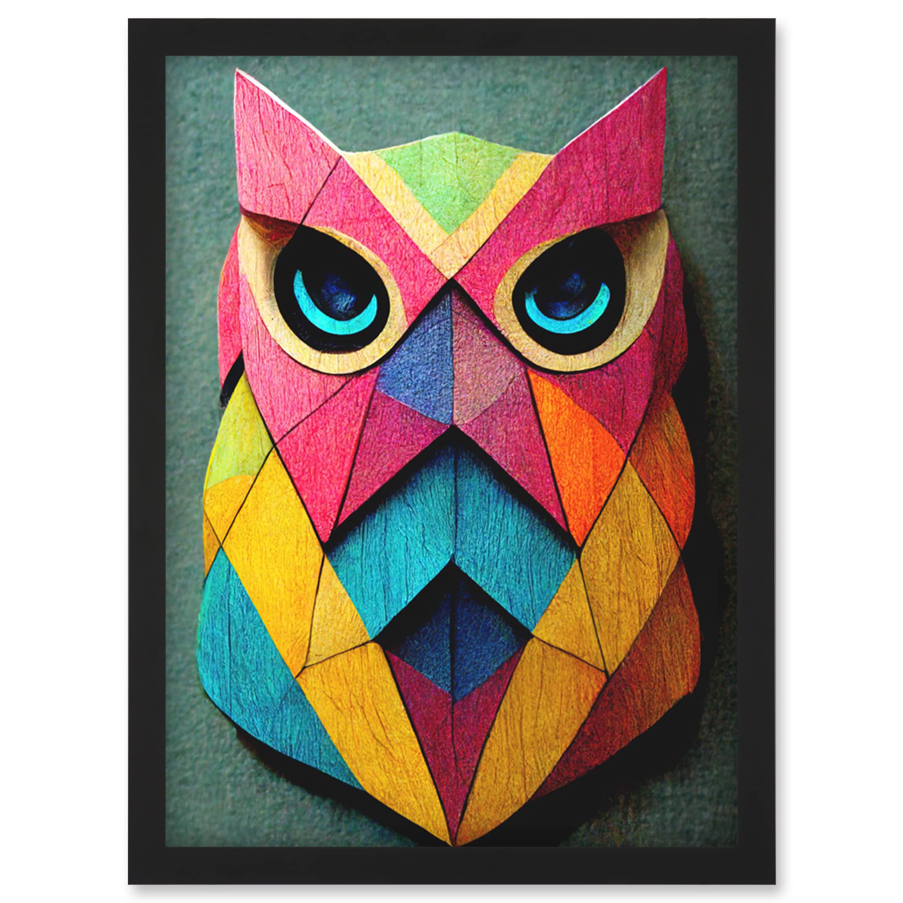 Doppelganger33 LTD Geometric Rainbow Owl Picture Abstract Multi Coloured Artwork Framed Wall Art Print A4