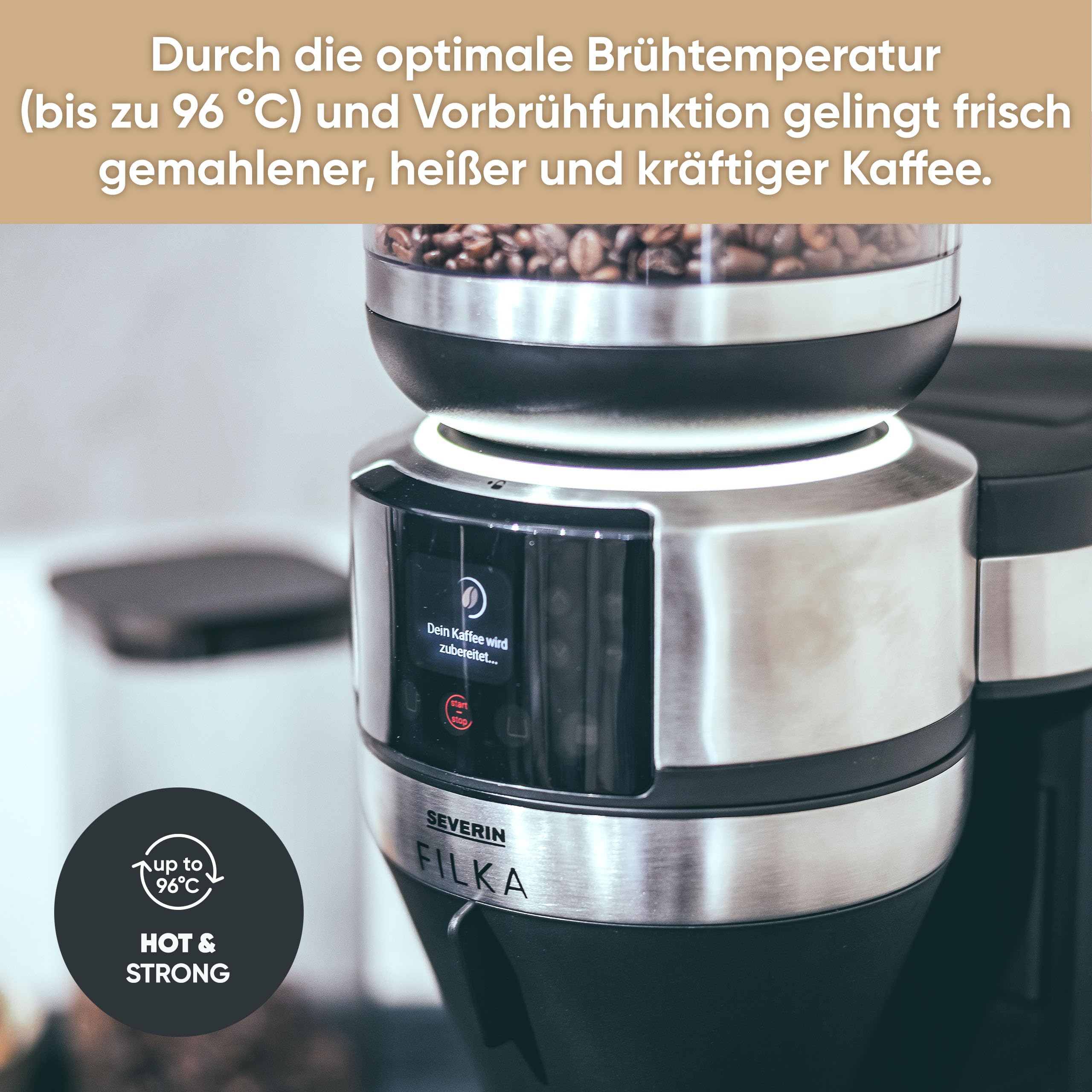 Severin Vollautomat für Filterkaffee, Mahlwerk, 5 Kaffeestärken, 100-350ml, 5-in-1 Filterkaffeemaschine, LED-Display, Warmhaltefunktion, Thermokanne, Filka, schwarz-matt, Edelstahl, KA 4853